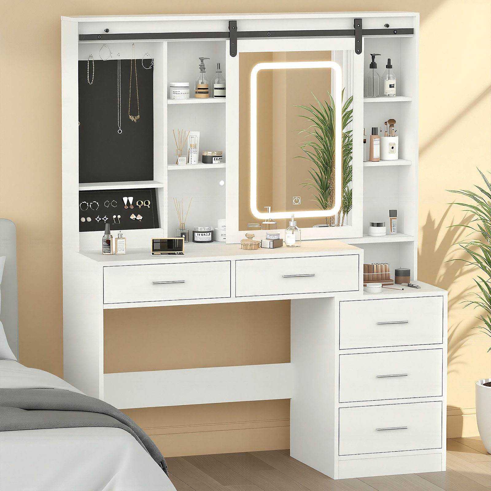 oyajia Schminktisch mit LED-Beleuchtung, Schiebespiegel (mit 5 Schubladen), günstig online kaufen
