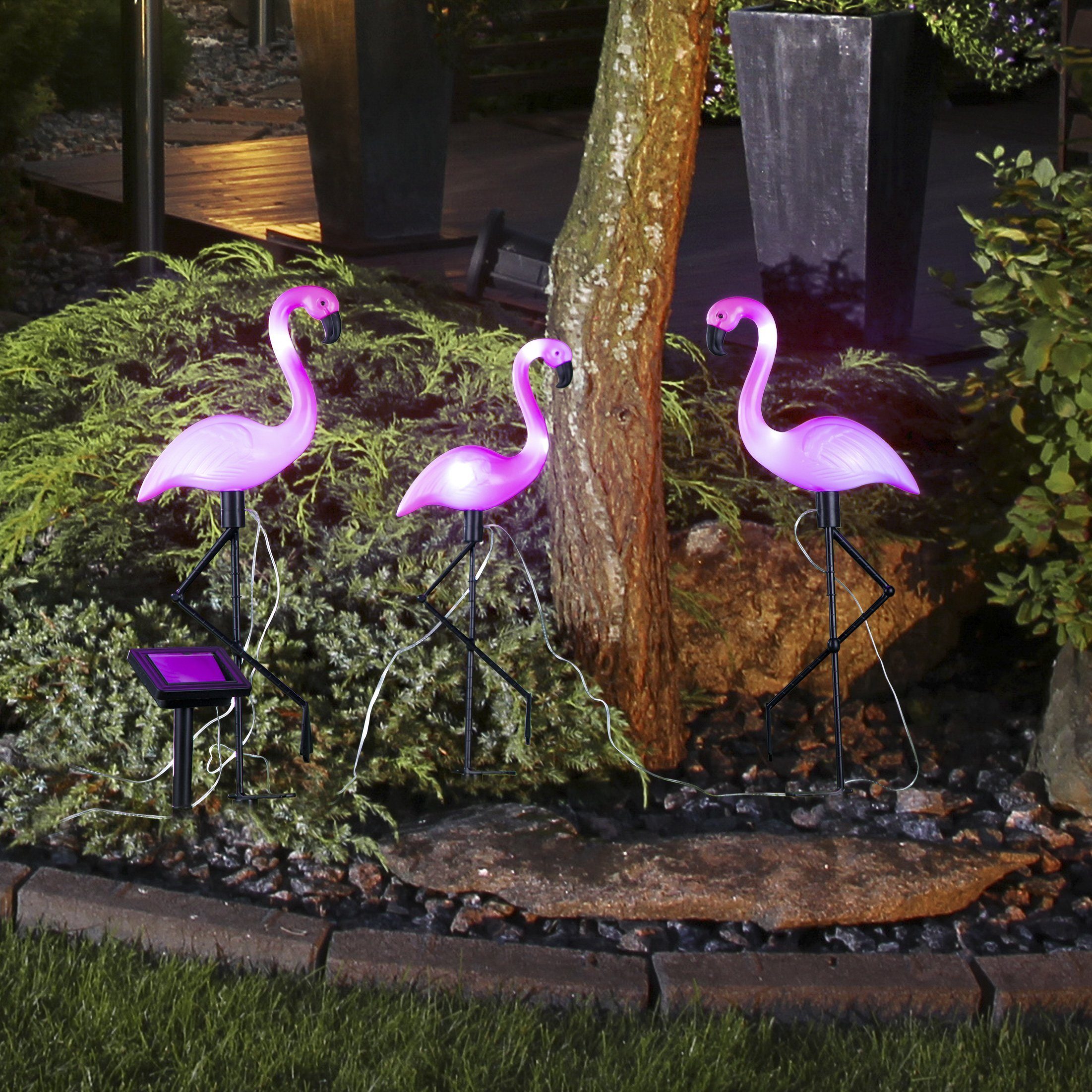 fest Flamingo Meinposten cm 52 Solarstecker LED Dekofigur Solar, Set LED Gartenfigur Tageslichtweiß Höhe integriert, LED 3er