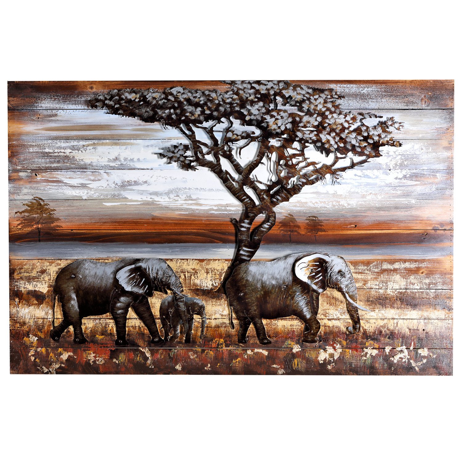 Home4Living Metallbild Wandbild 3D Relief Elefanten 120x80x7 Unikat handgefertigt, Elefanten, 3D Effekt