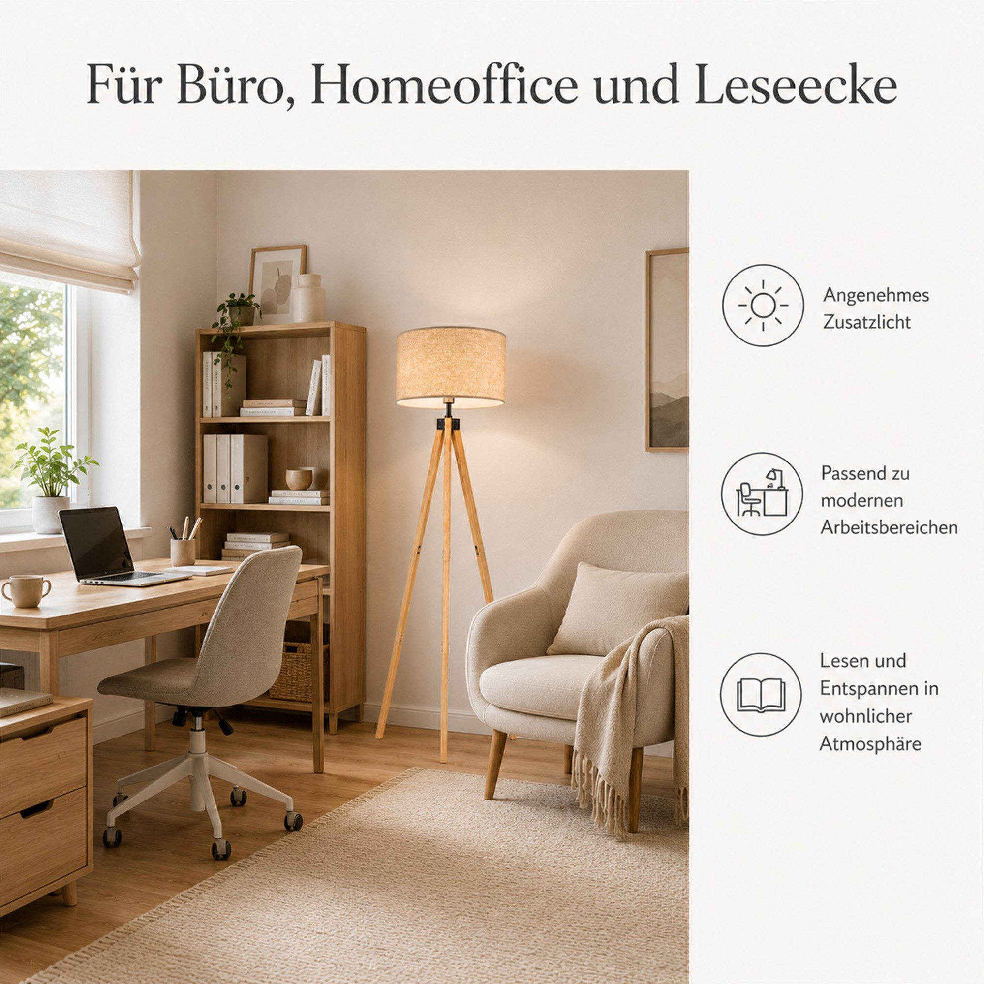 Fyrove Stehlampe wohnzimmer Leselampe Stehleuchte Stativ aus Holz, E27 LED Stehlampe, (Gluhbirne nicht enthalten), fur wohnzimmer Leselampe Schlafzimmer,Buro Ar – Bild 4 von 5