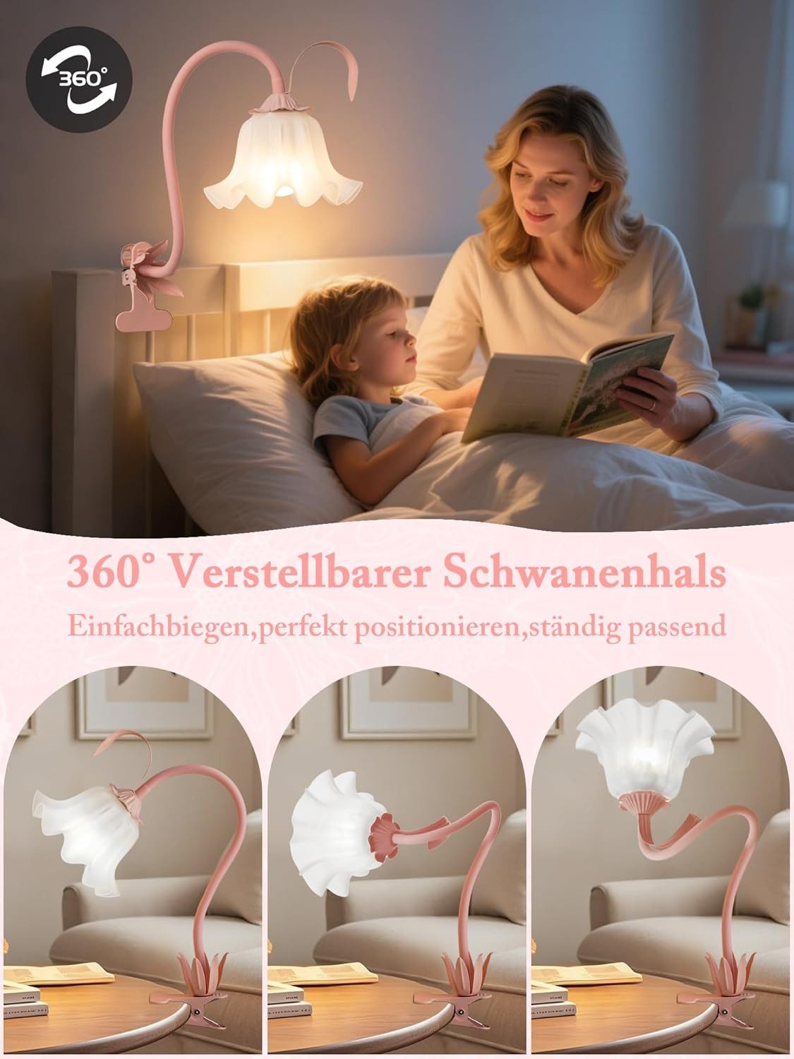 FELIXLEO LED Schreibtischlampe LED Leselampe mit Clip, rosa Blume, USB, Klemmlampe – Bild 3 von 5