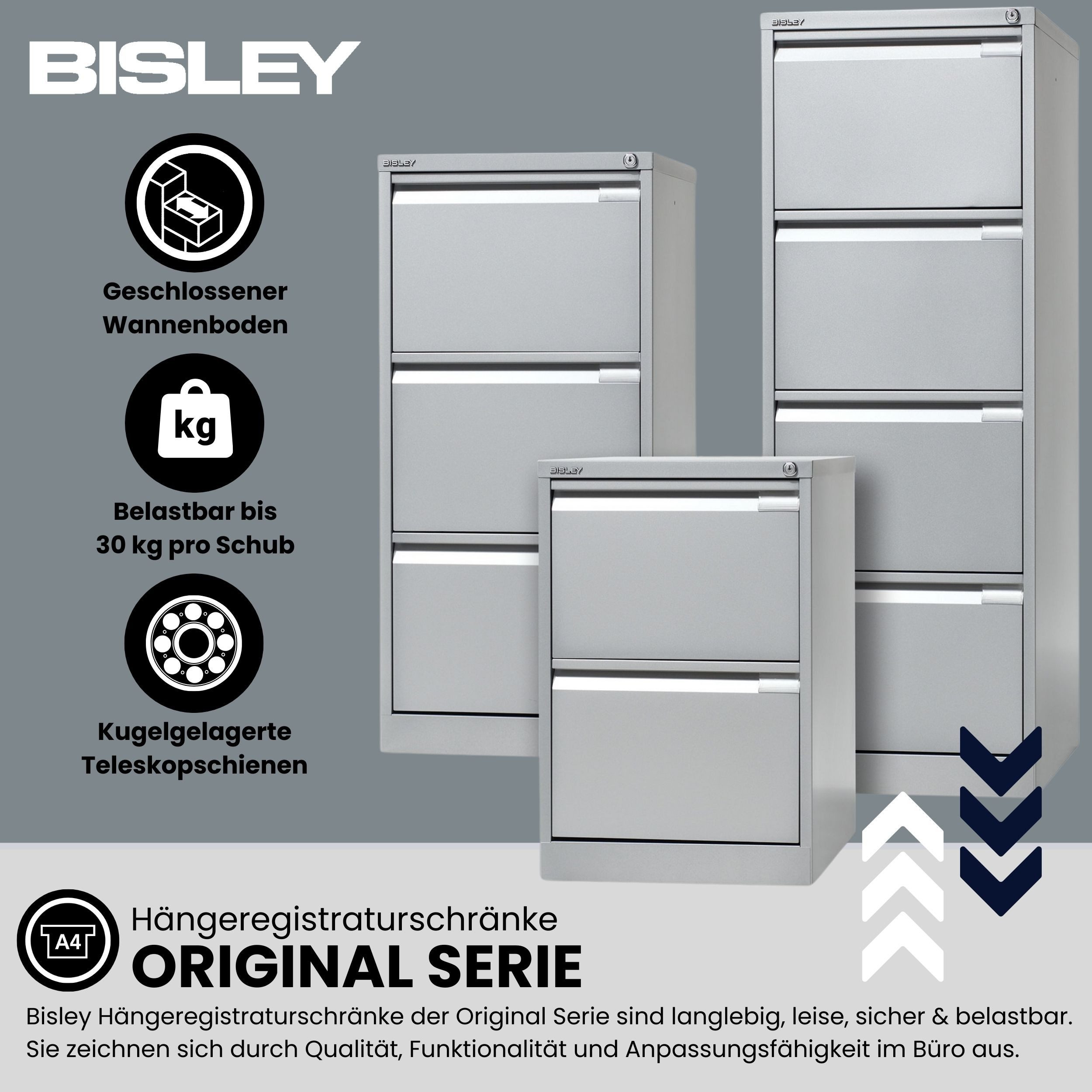 Bisley Hängeregisterschrank Hängeregistraturschrank Original in Schwarz - Maße: H 71 x B 41 x T 62 cm