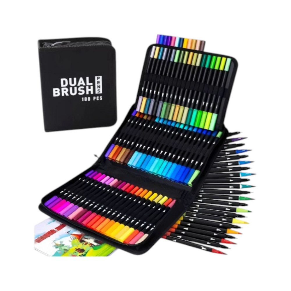 VERK GROUP Malstift Dual Brush Marker 100 Farben Doppelseitige Aquarellstifte Set mit Etui