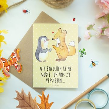 Mr. & Mrs. Panda Grußkarte Fuchs & Pinguin gehörlos - Gelb Pastell - Geschenk, Geburtstagskarte, Hochglänzende Veredelung
