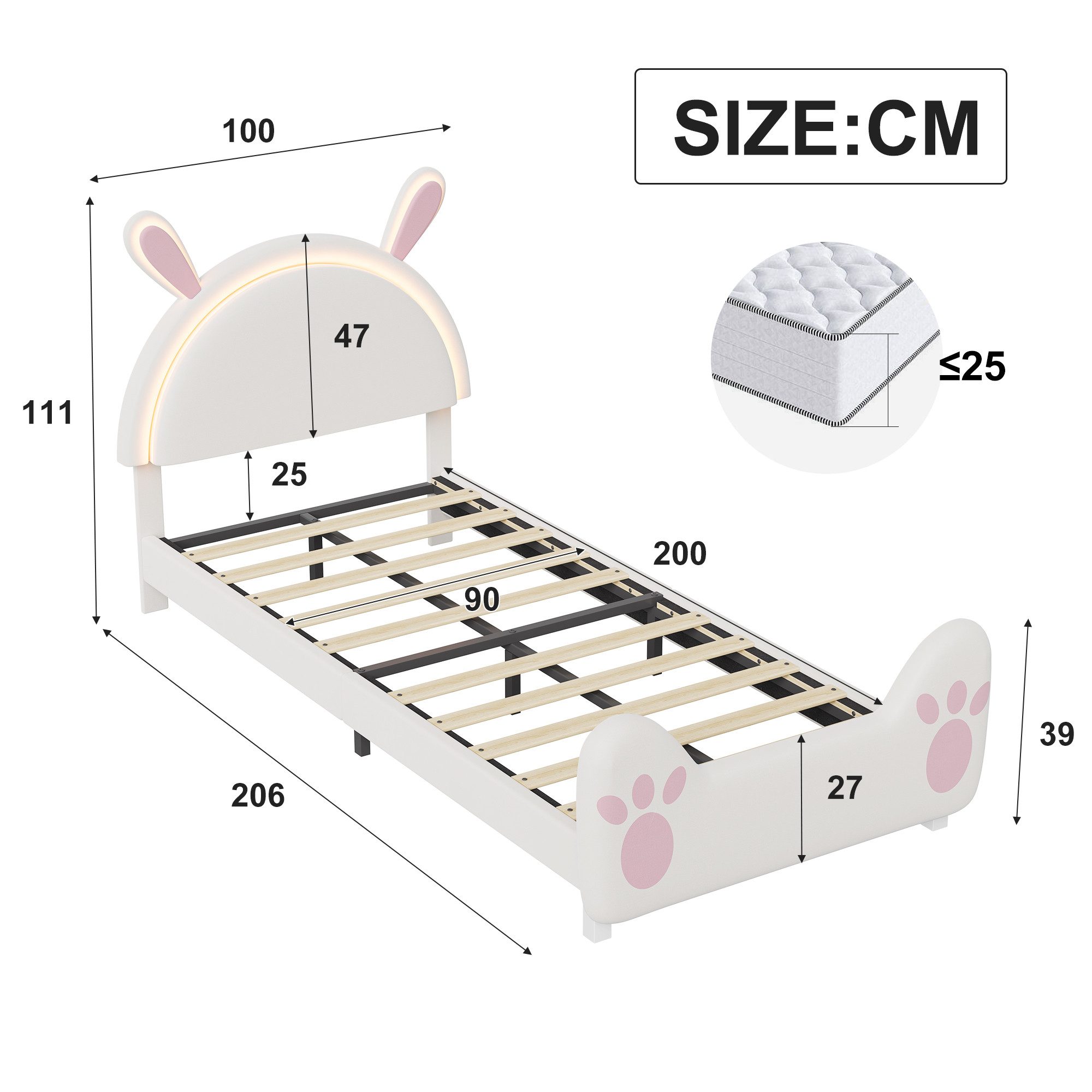 Furnishings Home Kinderbett Polsterbett LED mit Kopfteil 90x200 cm (Einzelbett mit LED-Beleuchtung), Geeignet für Jungen und Mädchen