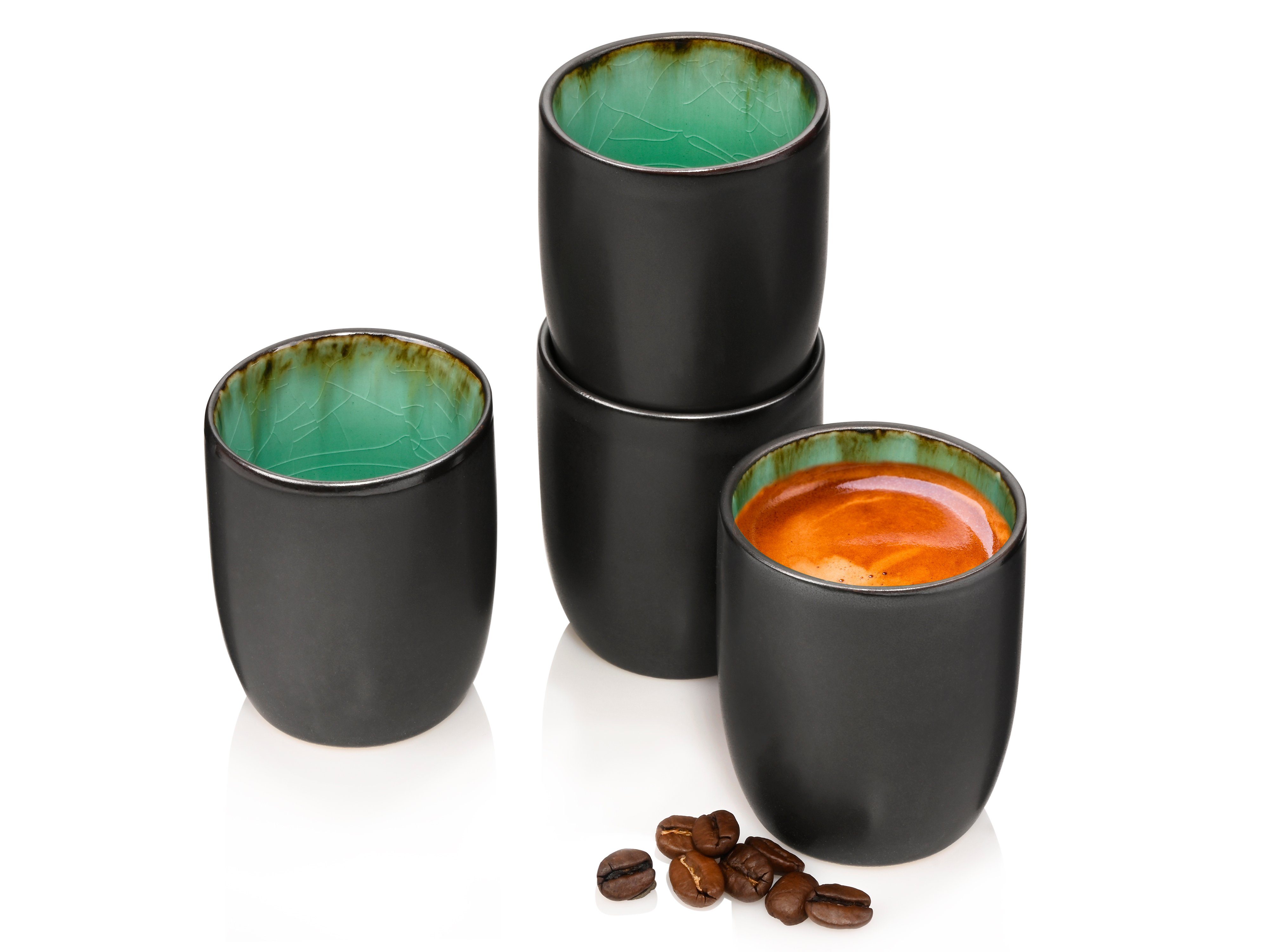SÄNGER Becher Palm Beach Espressobecher Set Grün Schwarz, 4-tlg., Steingut, 70 ml, Handmade, Premium Collection