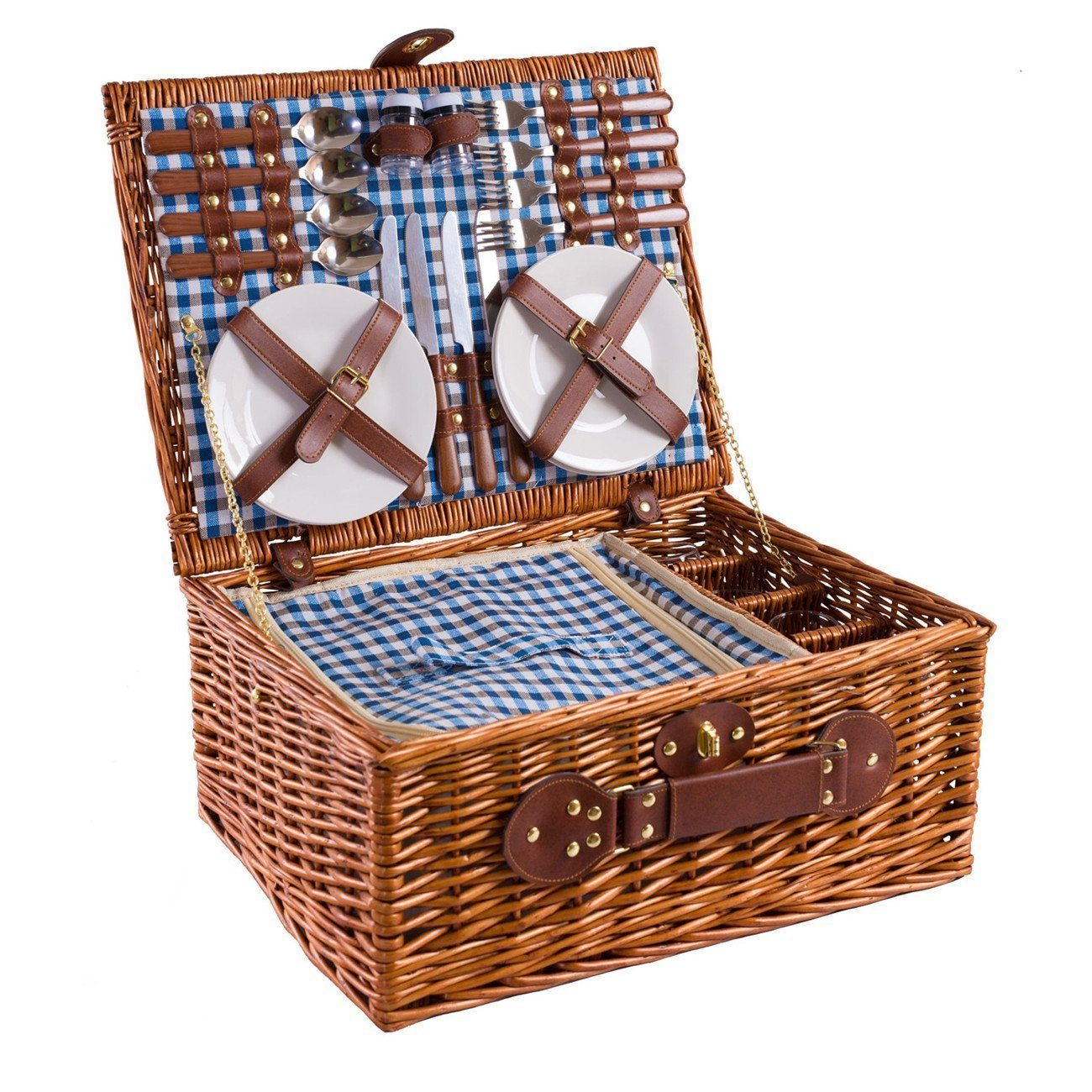 eGenuss Picknickkorb eGenuss Handgefertigter Picknickkorb für 4 (Personen aus Weide, mit 4 Löffel, 4 Gabeln, 4 Messer, 4 Keramikteller, 4 Weingläser,etc), 46 x 36 x 20 cm Blau