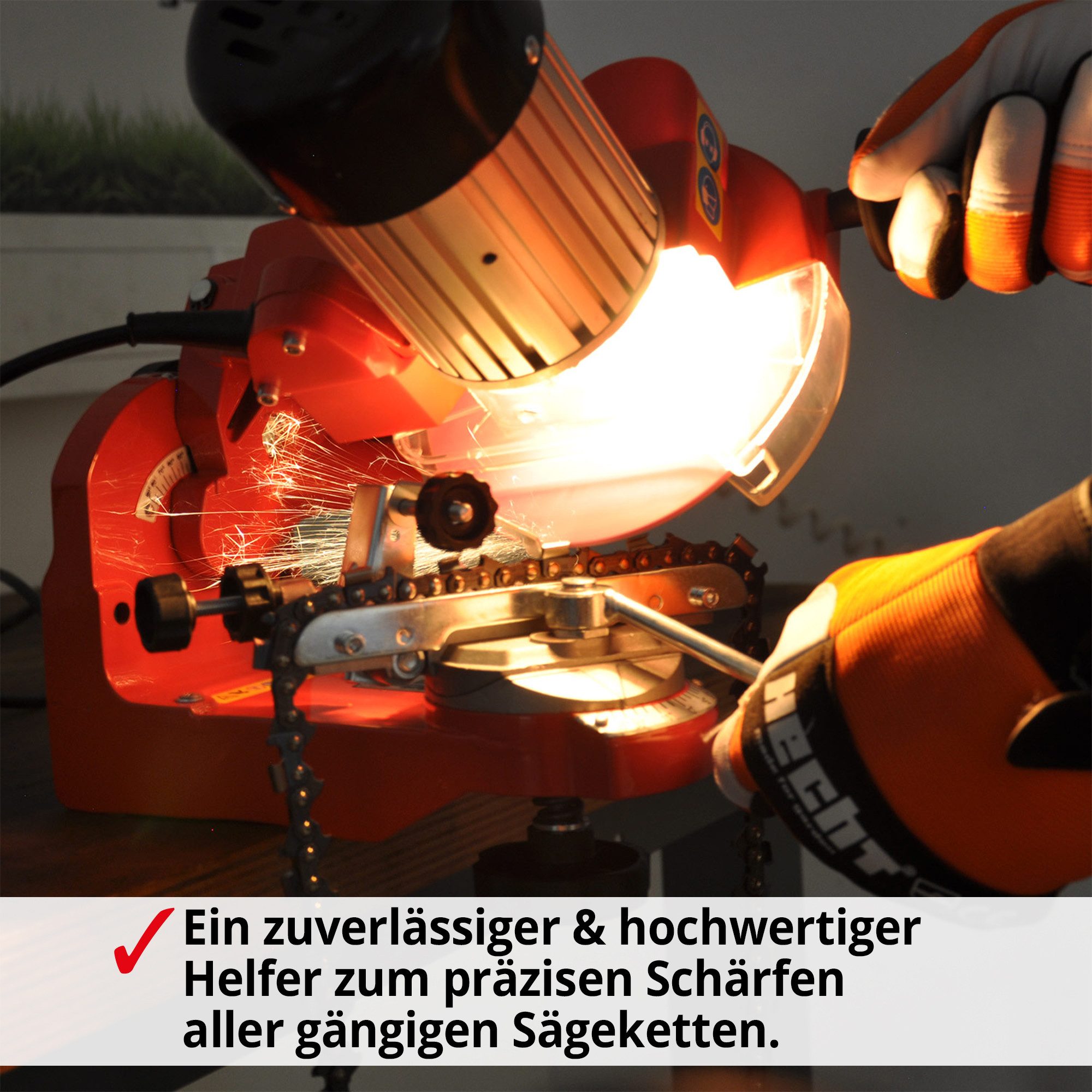 Hecht Sägekettenschärfgerät 9230 inklusive 2 Schleifscheiben, für Alle gängigen Sägeketten, 230 W, Tiefenbegrenzer, 145 mm ⌀
