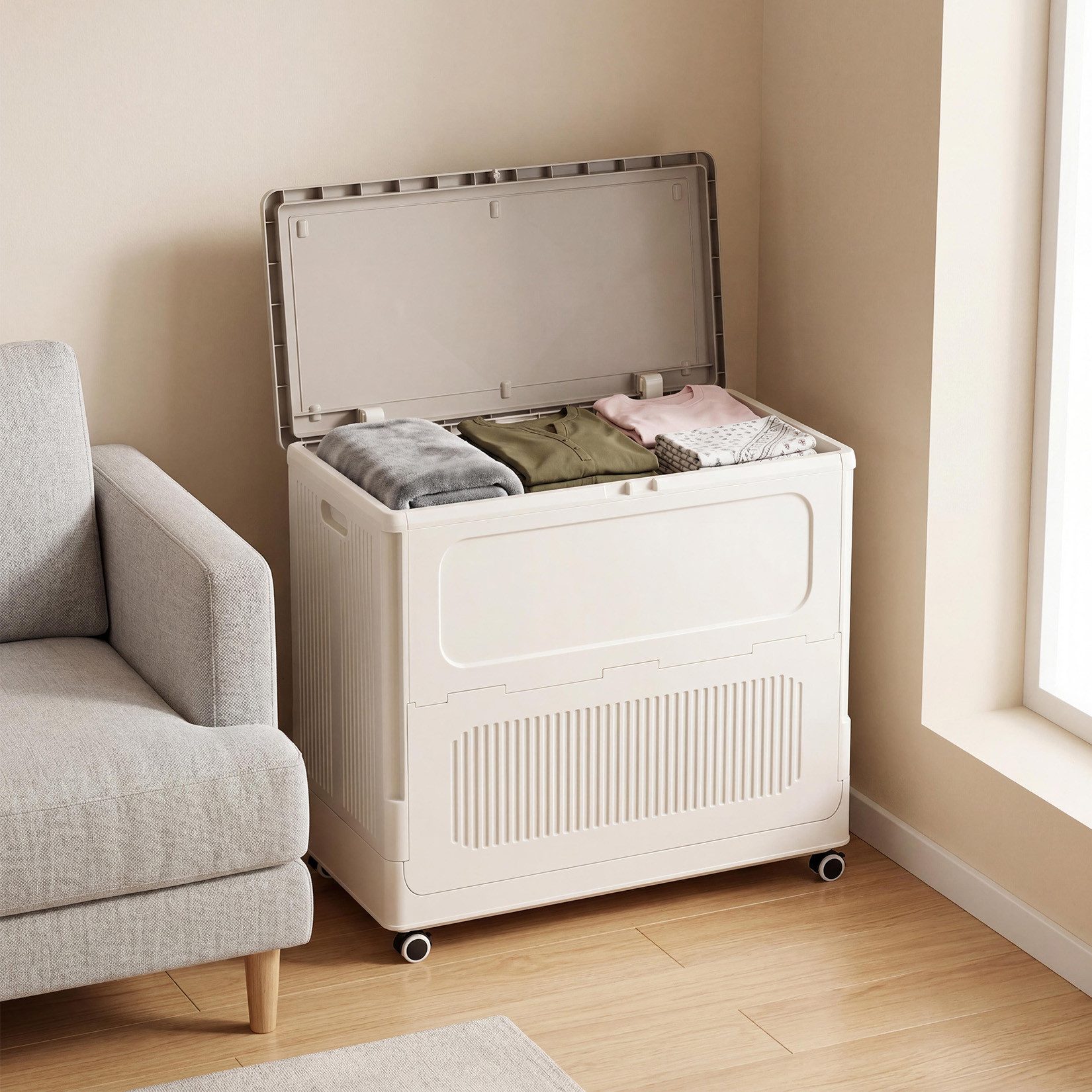 GarveeMore Aufbewahrungsbox mit Rollen & Deckel, faltbar, 130 L, für Wäsche, Spielzeug, Kleidung, Wohnzimmer, Schlafzimmer