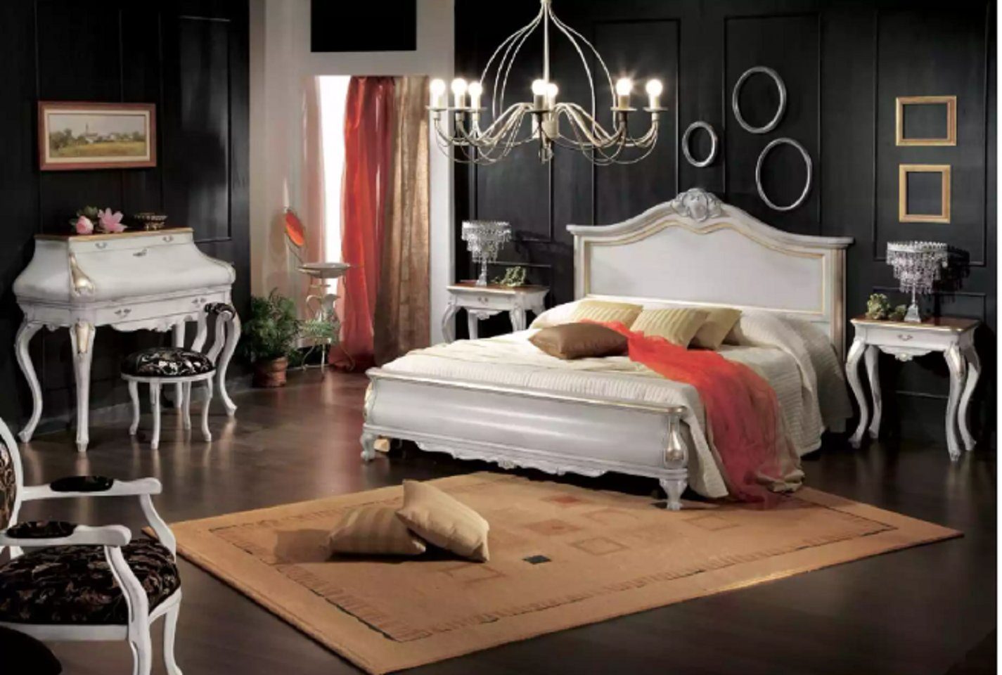 JVmoebel Schlafzimmer-Set Weiße Schlafzimmer Set 2x Nachttische Schminktisch Modernes Bett, (4-St., Nur Bett + 2x Nachttische + Schminktisch), Made in Italy