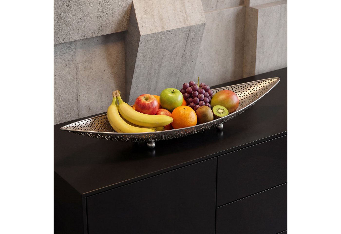 FINEBUY Obstschale FB77776 Früchtekorb Metall Silber 60cm Dekoschale Obstkorb Oval, Metall, (Schöner Früchtekorb in schicker Lochoptik), Länglicher Dekoteller aus lackiertem Eisen