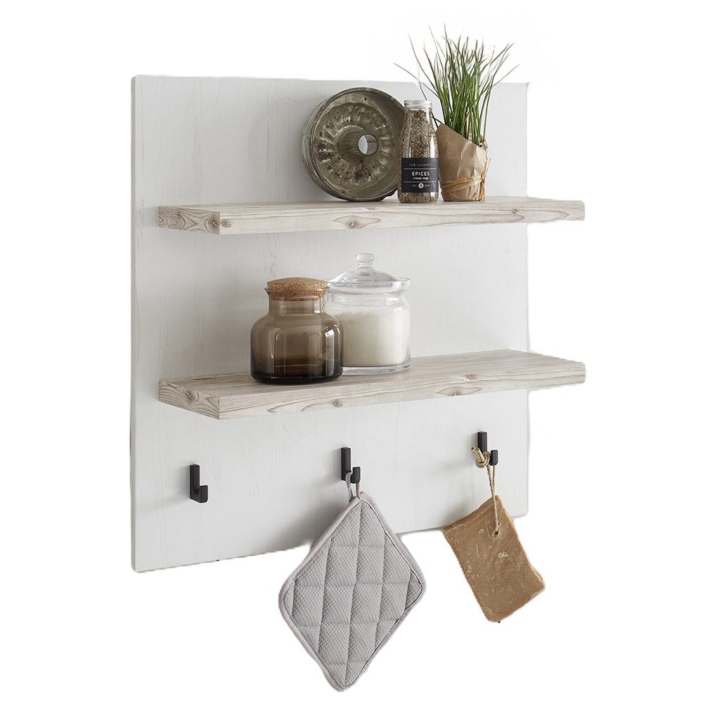 Lomadox Wandregal FERNA-61, Küche, 60 cm breit, 3 Haken, Pinie Weiß mit Pinie dunkel Nb., Landhaus