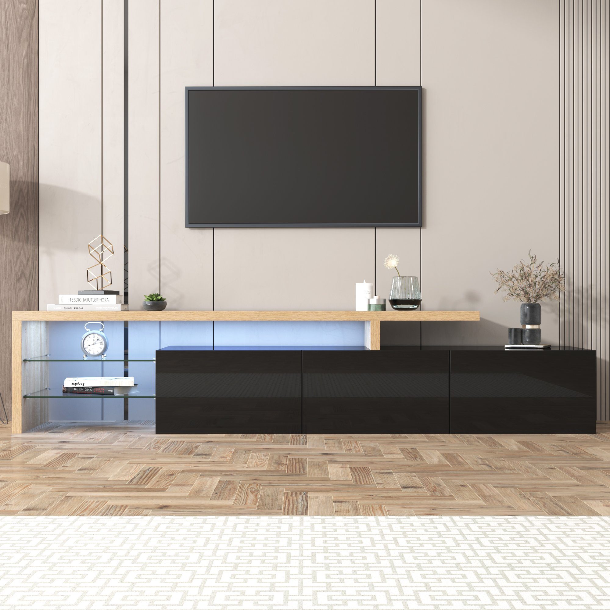 Ulife TV-Schrank Lowboard, mit Glasablgen und LED-Beleuchtung, Fernsehtisch Hochglanz