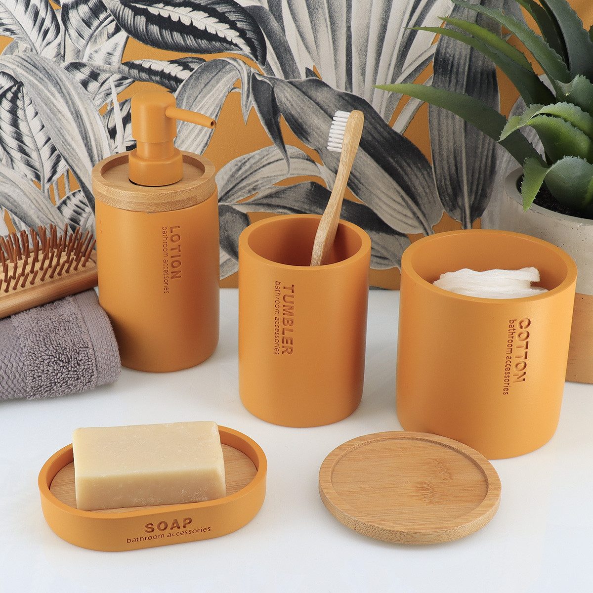 Badaccessoire-Set 5 teilig Zahnputzbecher Seifenspender Seifenschale WC Bürste Wattedose