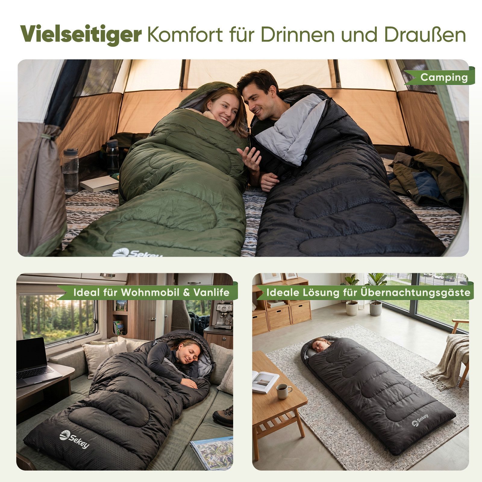 Sekey Deckenschlafsack 3 Jahreszeiten Schlafsack 220x80 cm 10–20°C Deckenform mit Kapuze, 2-in-1 Schlafsack & Decke – Atmungsaktiv, wasserabweisend – Bild 5 von 5