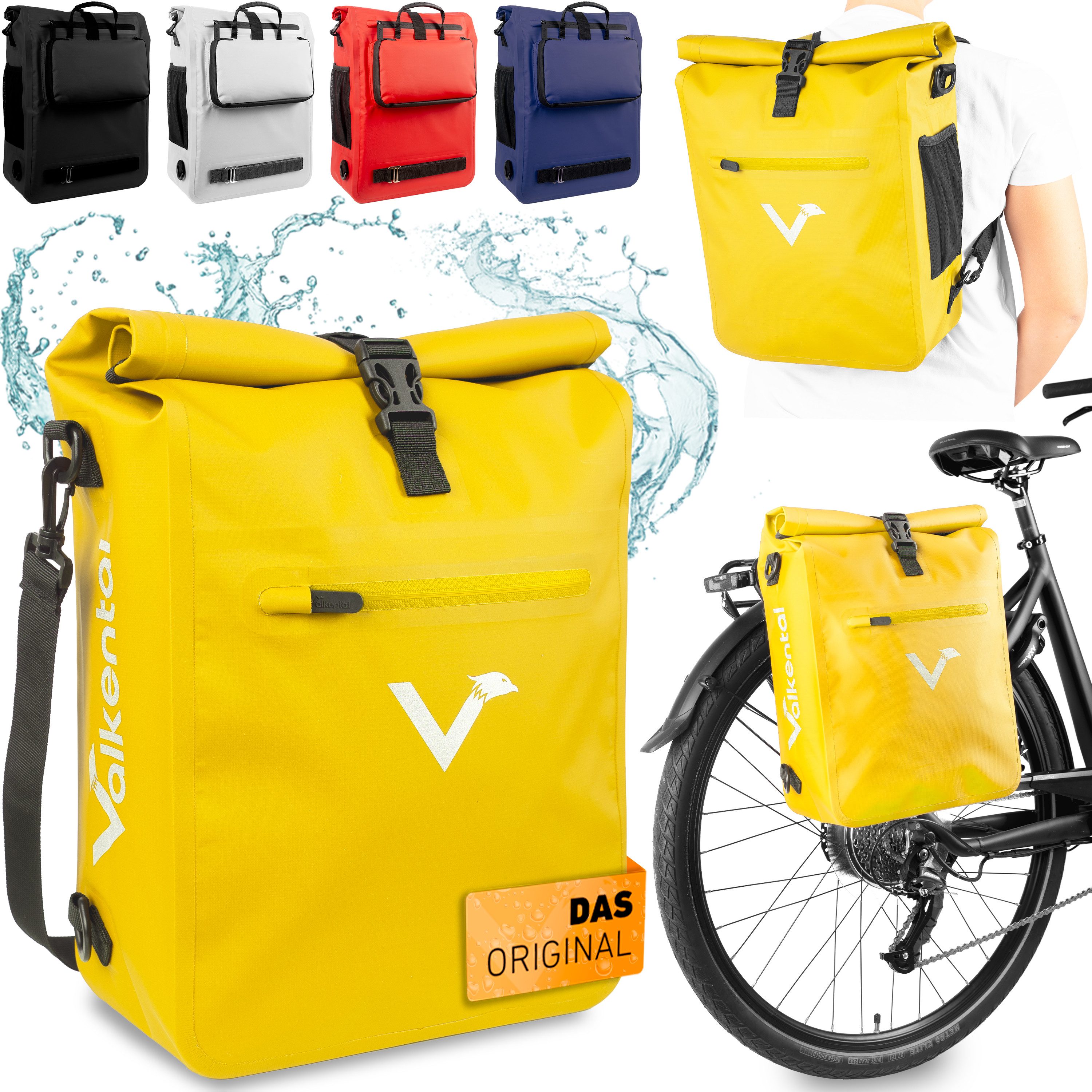Valkental Fahrradtasche Gepäckträgertasche, Rucksack und Umhängetasche, 3in1 - wasserdicht & reflektierend 25 L