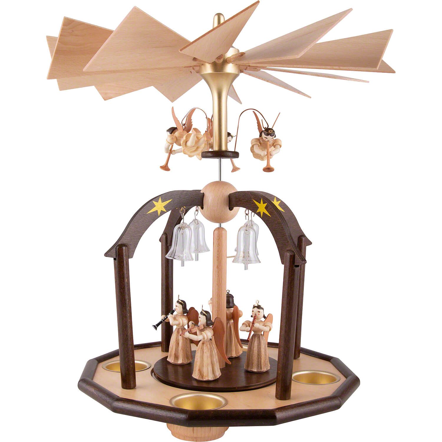 Blank Kunstgewerbe Weihnachtspyramide 1-stöckige Glöckchenpyramide mit Faltenlangrockengeln und Glasglöckche