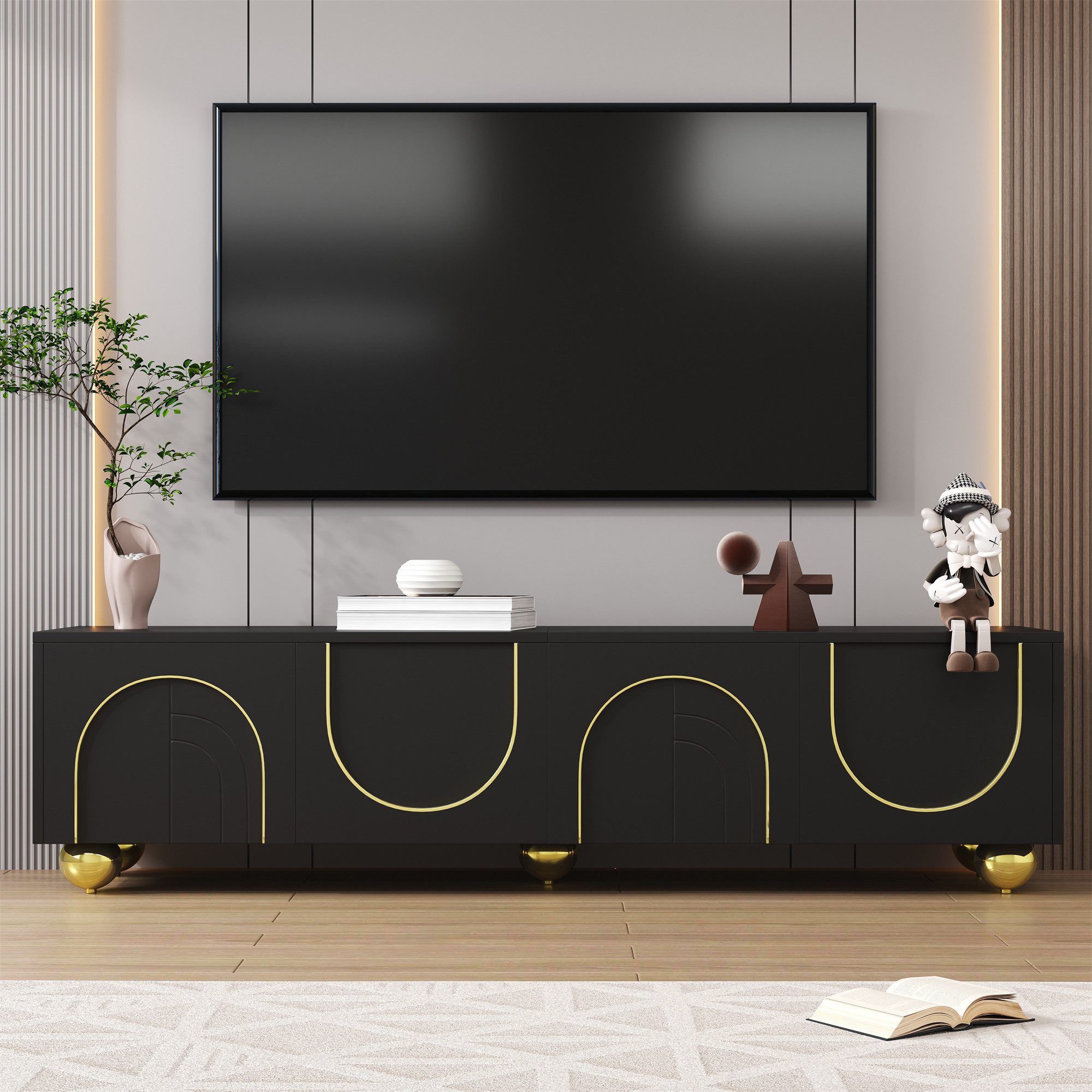 Ulife Lowboard TV-Schrank mit 4 Türen, goldenen Verzierungen, Einlegeböden und goldene Füße, Breit:170cm