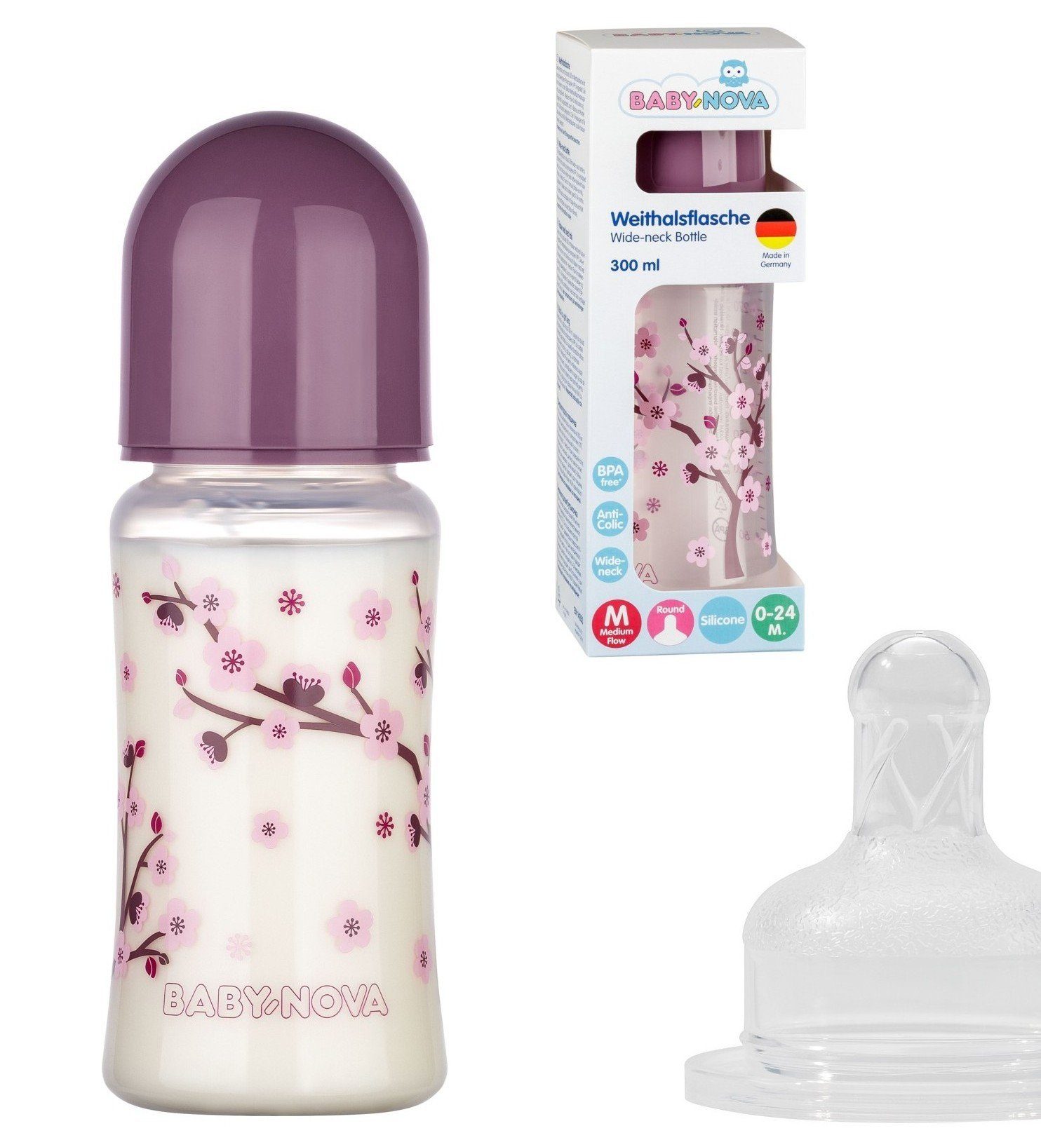 Baby-Nova Babyflasche Weithals Flasche mit rundem Silikon Sauger 0-24 M, Anti-Kolik