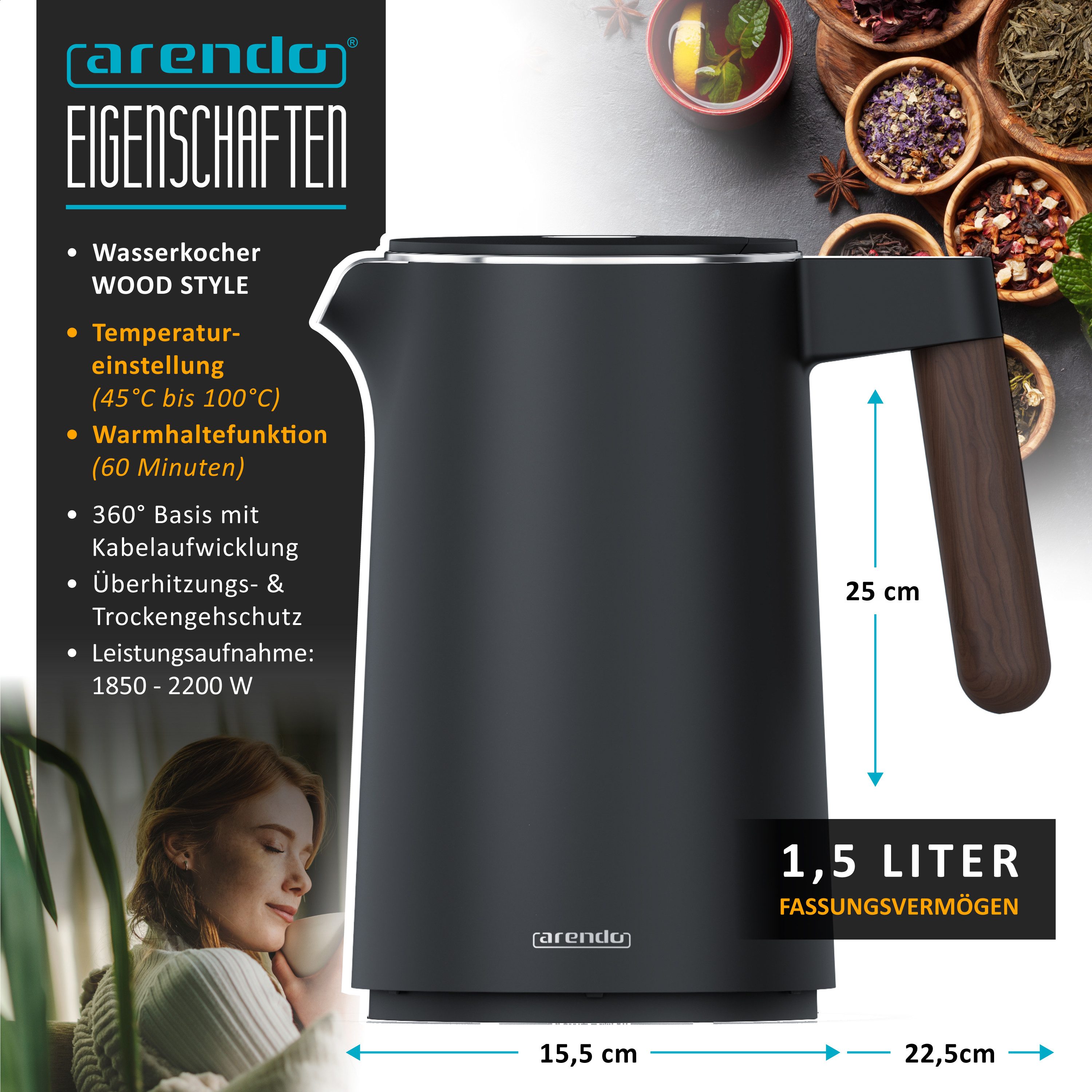 Arendo Wasserkocher Edelstahl, Doppelwand, Temperatureinstellung 40° - 100 °C mit Anzeige, 1,5 l, 2200 W, Warmhaltefunktion, 360° Basis, mit Griff in Holzoptik, BPA-frei