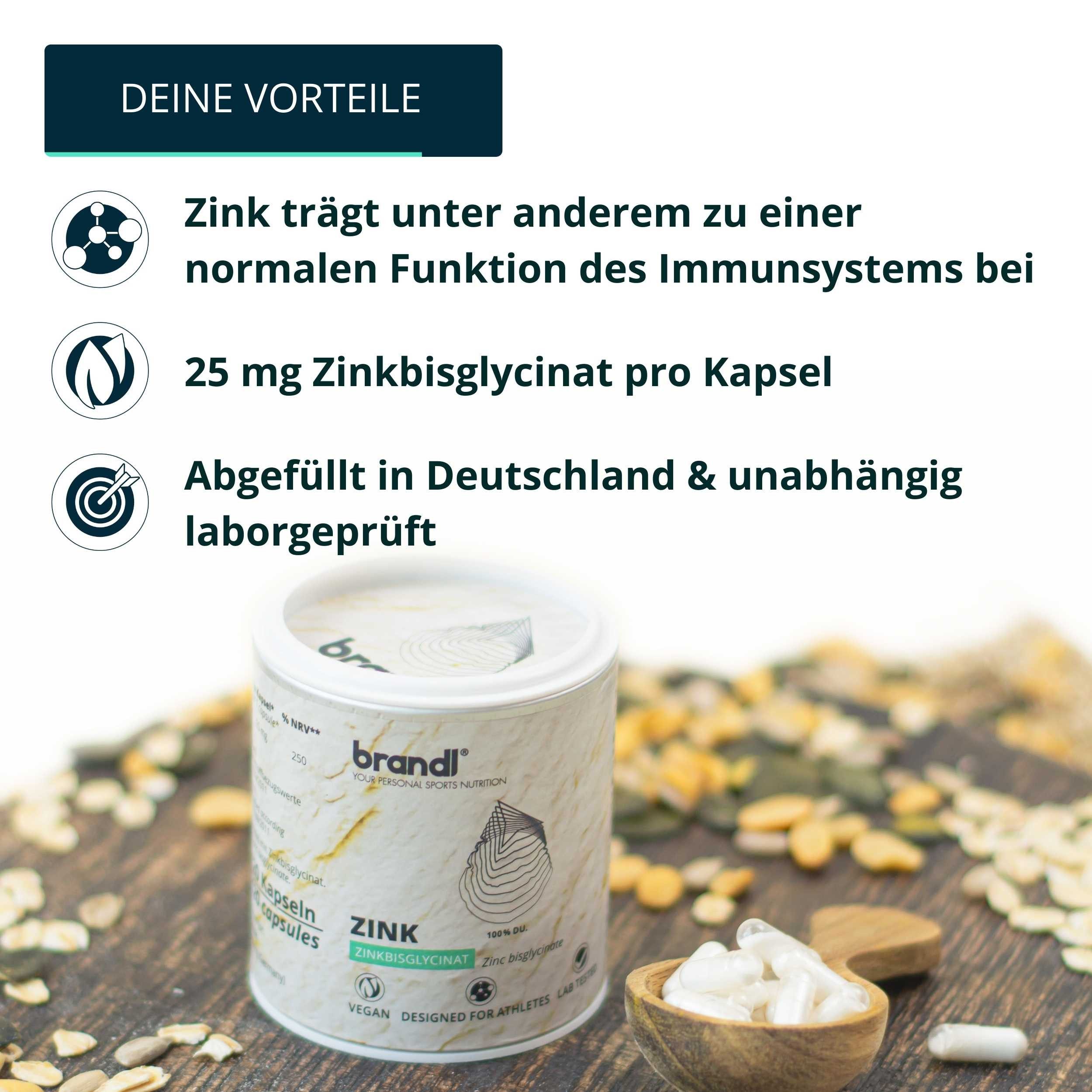 Brandl Nutrition Zink Kapseln hochdosiert 25mg - Tabletten mit hoher Bioverfügbarkeit Kapseln, Premium Bisglycinat - abgefüllt in Deutschland, laborgeprüft
