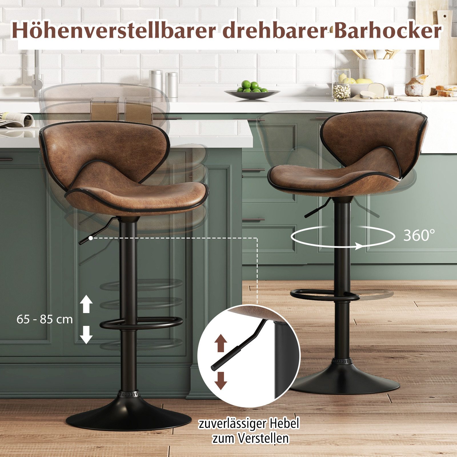 COSTWAY Barhocker (2 St), mit Fußstütze & Lehne, drehbar, Sitzhöhe 65-85cm günstig online kaufen