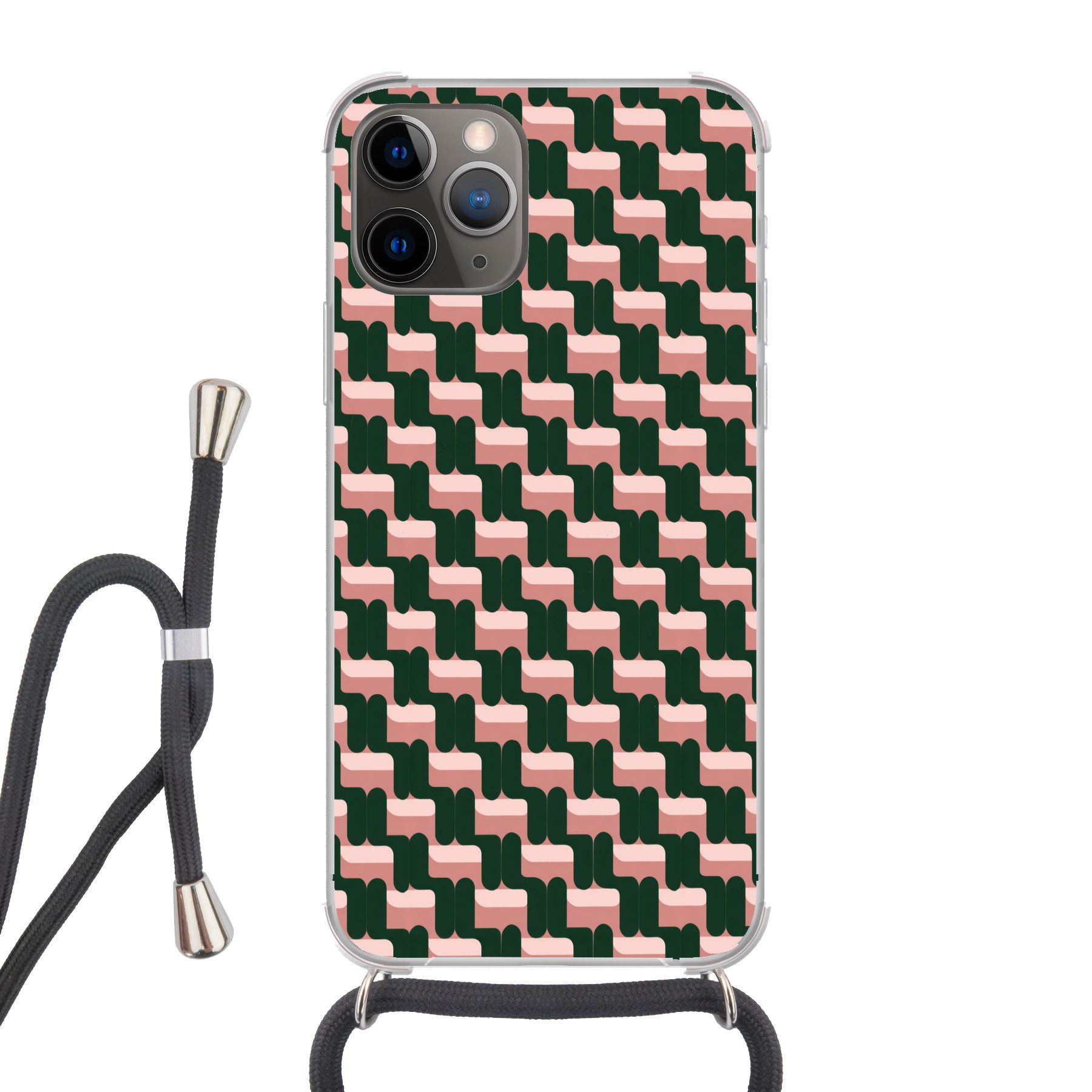 MuchoWow Handyhülle für Apple iPhone 13 Pro Max Zopfmuster - Grün - Rosa - Geometrisch, Tragbare Handyhüllen mit Kette zum umhängen, Handykette Handyband