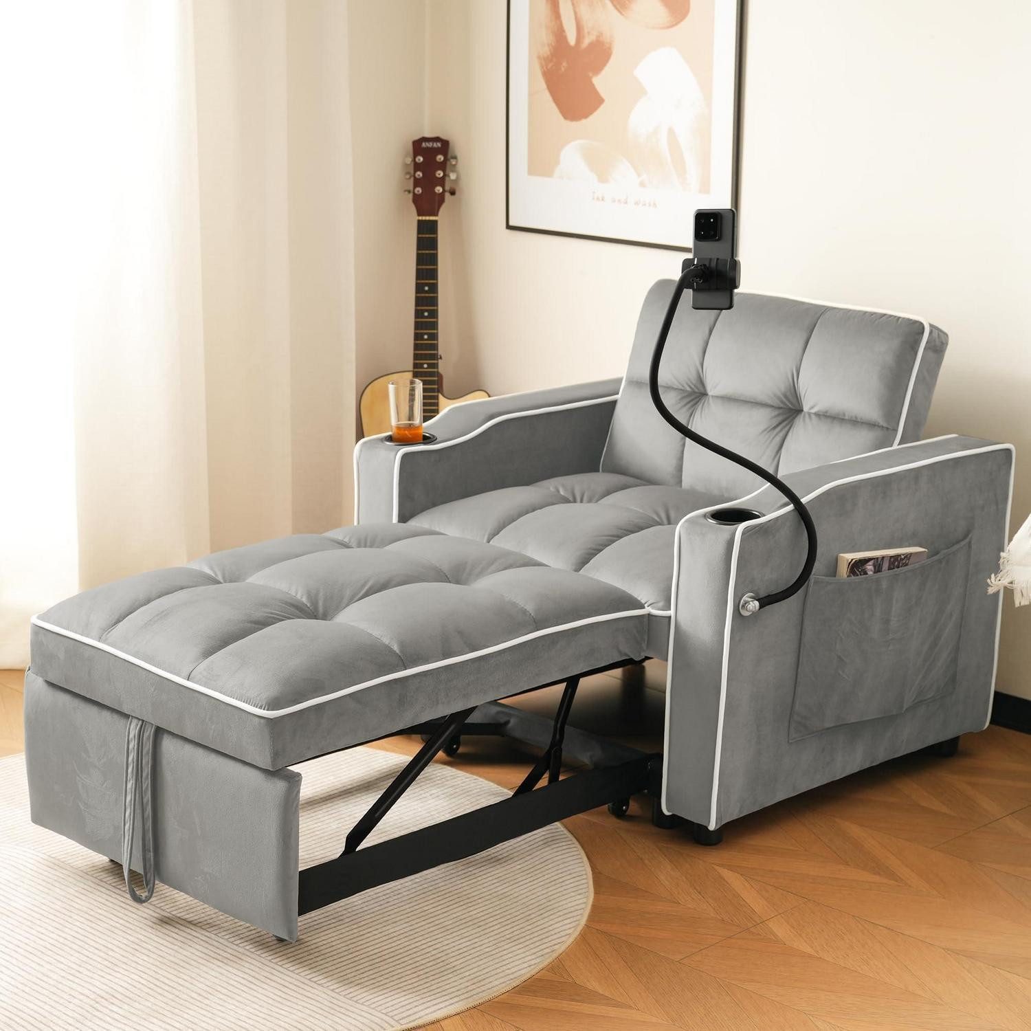 LuxusKollektion Schlafsofa Schlafsofa 3in1 Ausziehbar Getränkehalter Antik Grau Weiß B