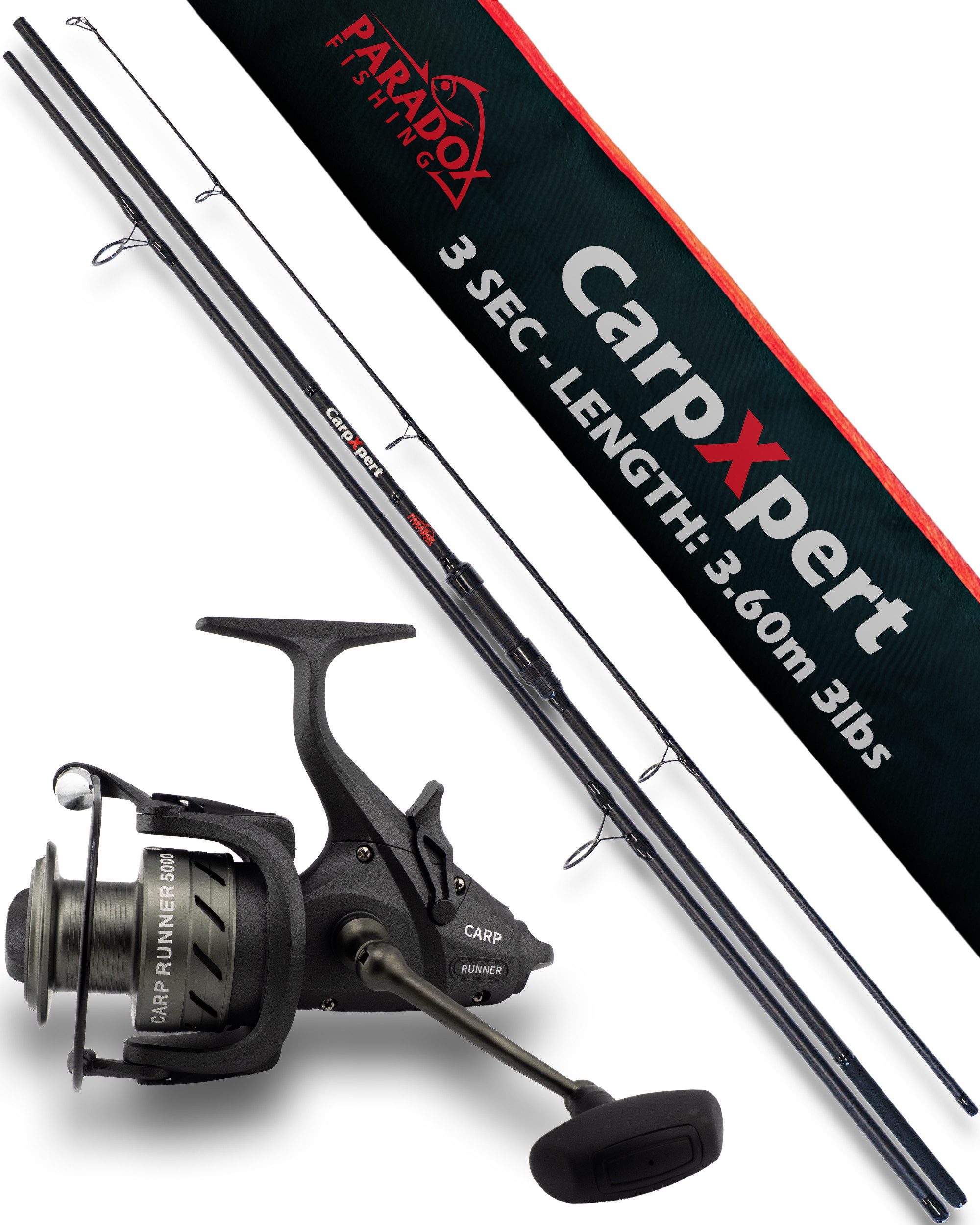 Paradox Fishing Karpfenrute CapXpert 3,60m lbs mit 5000 Carp Runner Freilaufrolle, 12ft