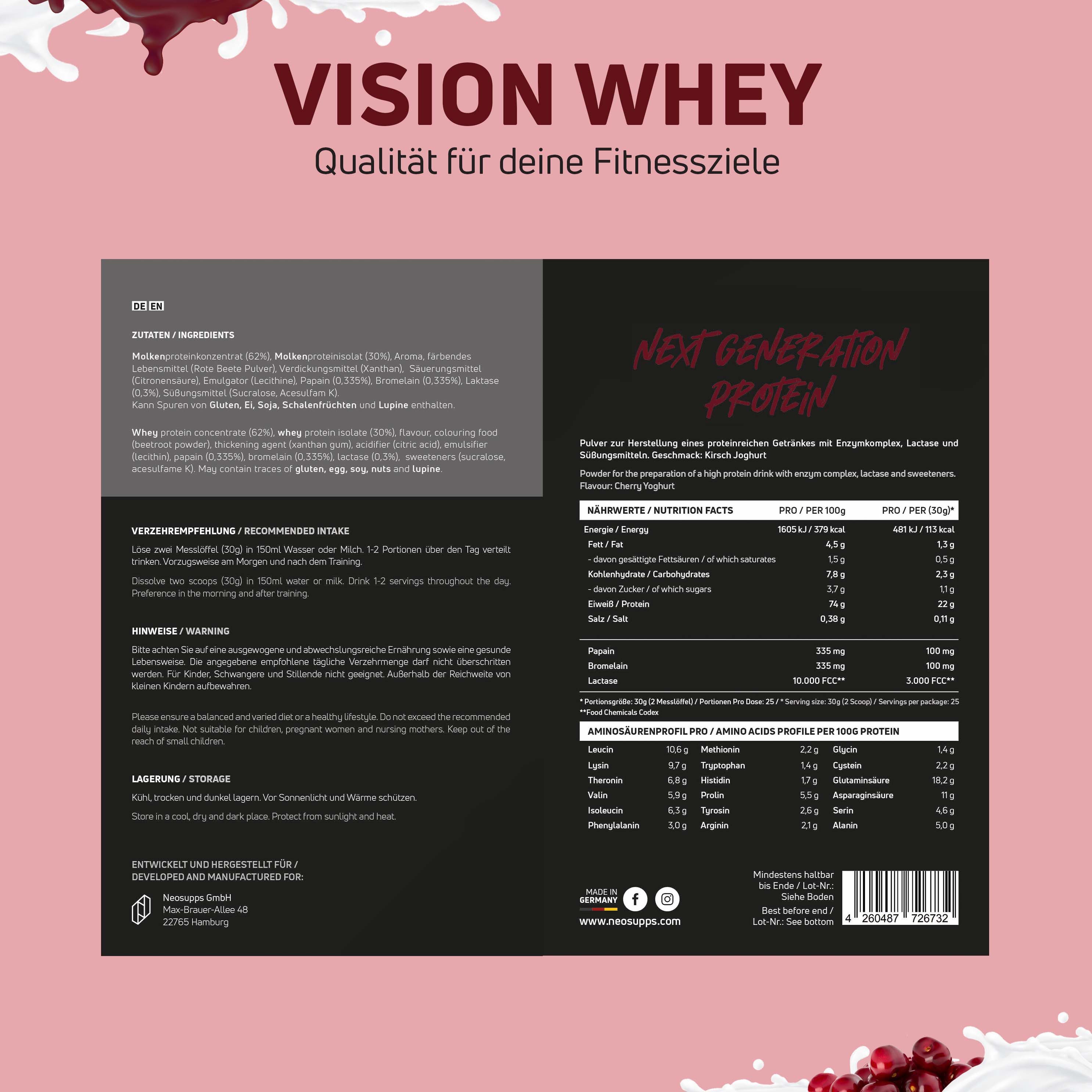 Neosupps Whey Protein Pulver Cherry Yoghurt 750g, Proteinpulver, Proteinshake Pulver, 750 g, Protein zum Muskelaufbau mit geprüfter Qualität, Made in Germany – Bild 4 von 5