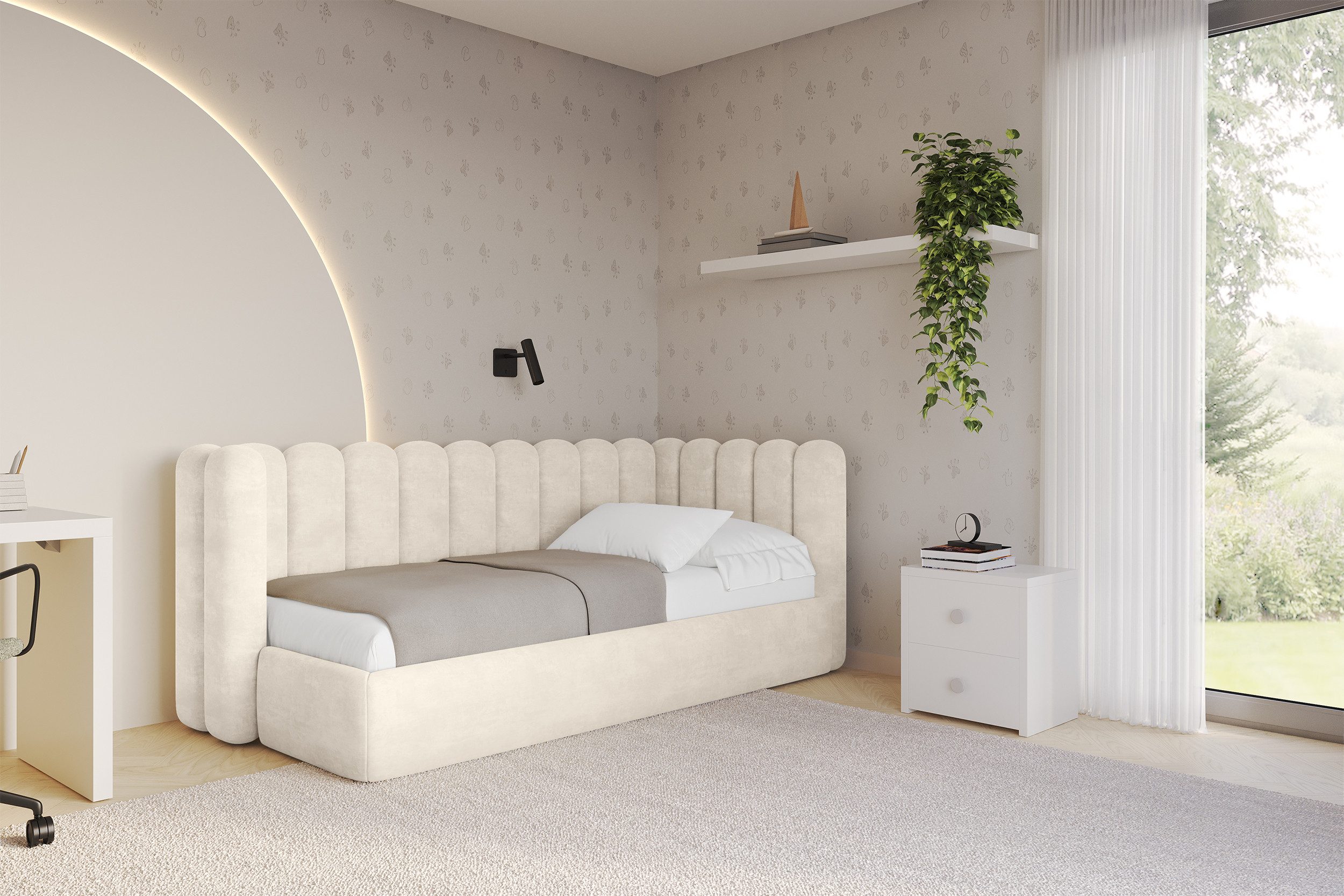 ALTDECOR Jugendbett HUGY (Jugendbett mit Bettkasten und Lattenrost, Polsterbett ohne Matratze), Einzelbett mit Stauraum, Bett mit Kopfteil