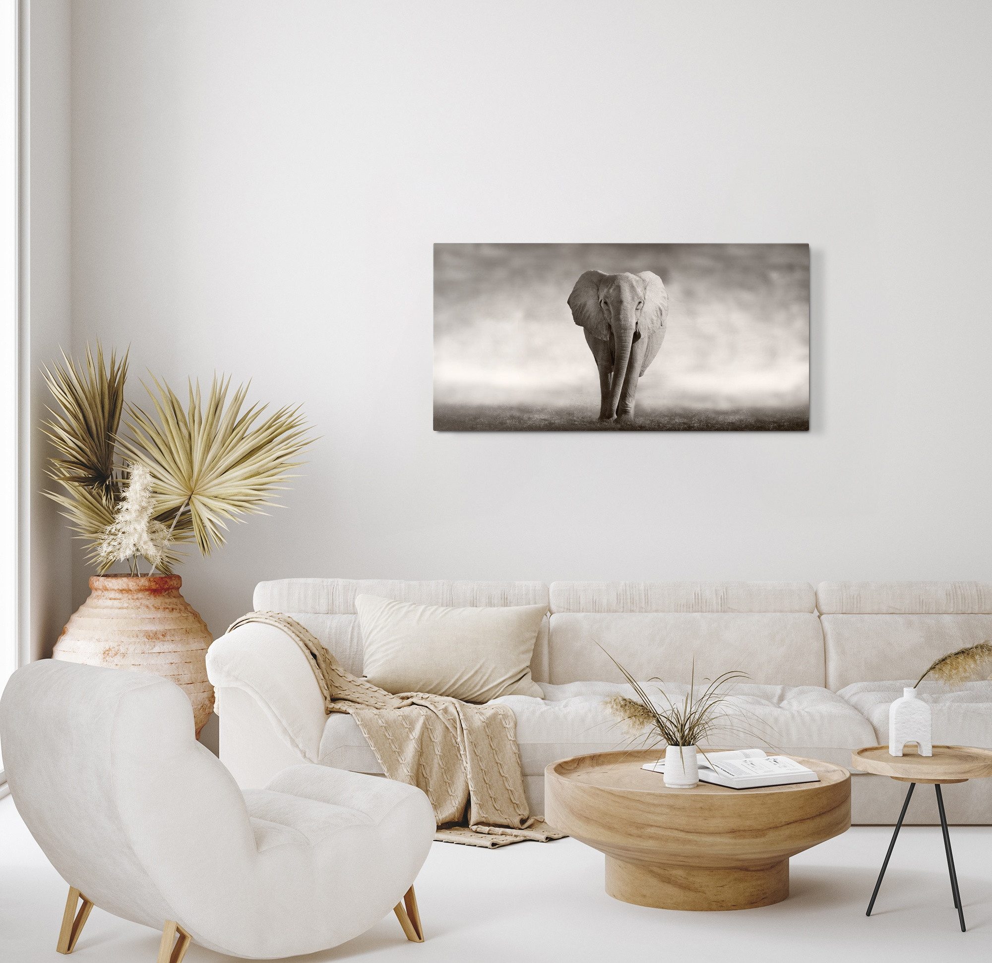 Sinus Art Leinwandbild Kunstdruck Bilder 120x60cm Elefant Grau Tierfotografie Afrika Wildnis, (1 St)