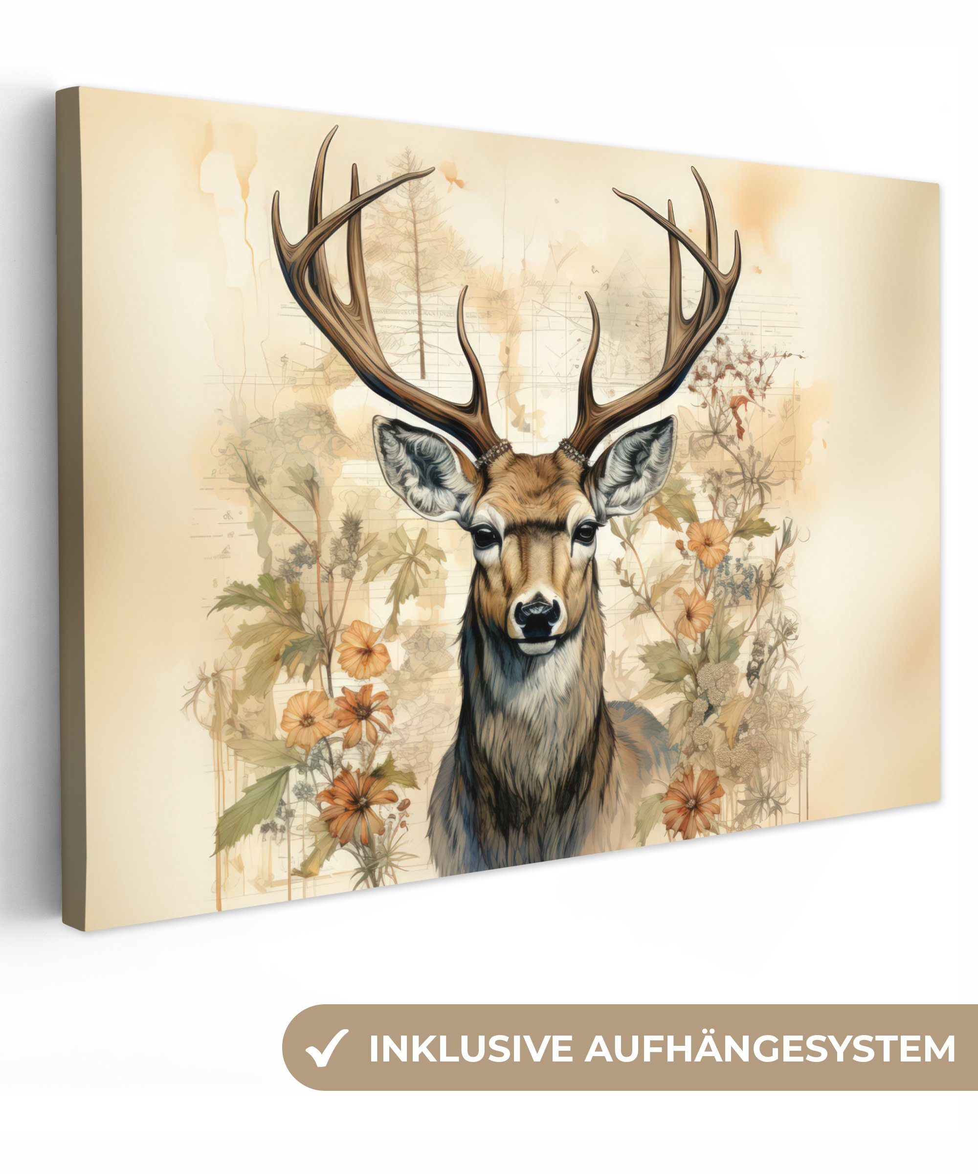 OneMillionCanvasses® Leinwandbild Vintage - Hirsch - Rotwild - Blumen - Beige - Tiere - Natur, (1 St), Wandbild für alle Wohnbereiche, Gemälde, XXL, großes, 120x80 cm