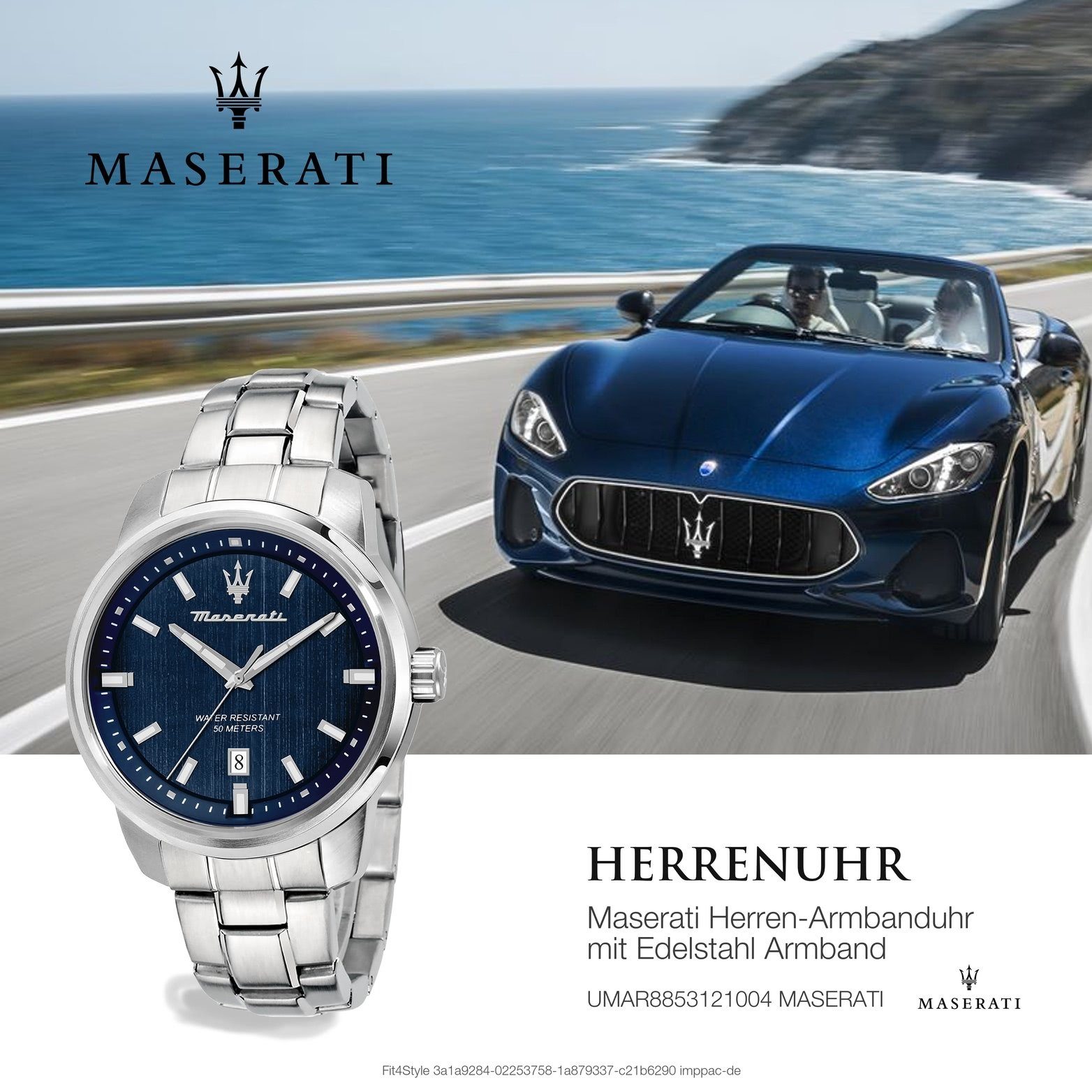 MASERATI Quarzuhr Edelstahl (ca. Armband-Uhr, Maserati Herrenuhr groß rundes 52x44mm) Gehäuse, blau Edelstahlarmband