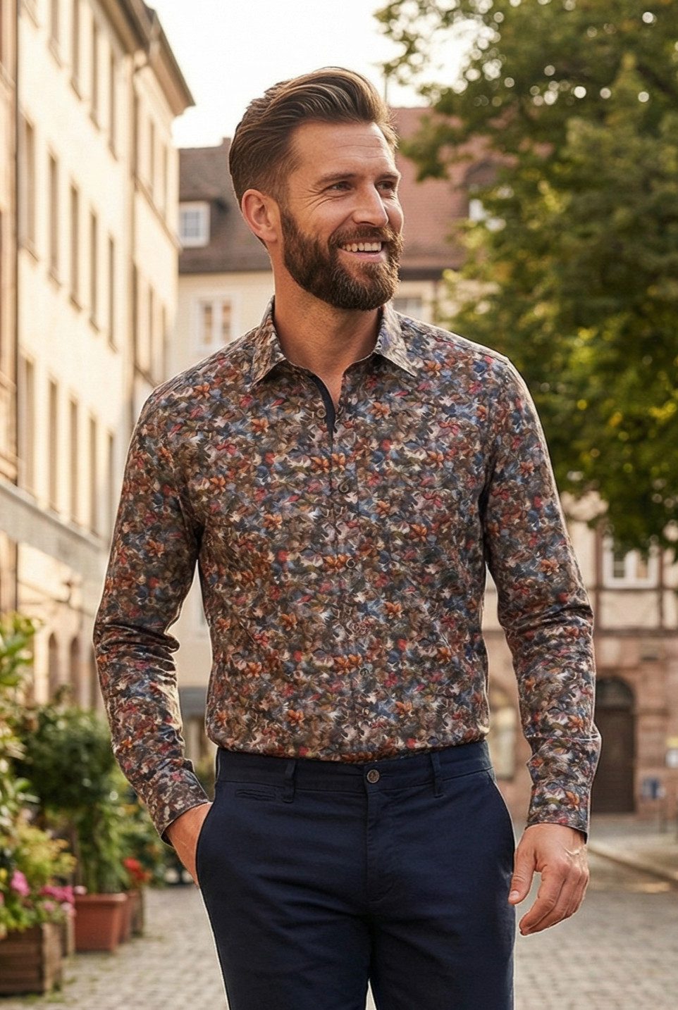 Haupt Langarmhemd Modern Fit Langarm Baumwoll-Herrenhemd Naturmuster Multic günstig online kaufen