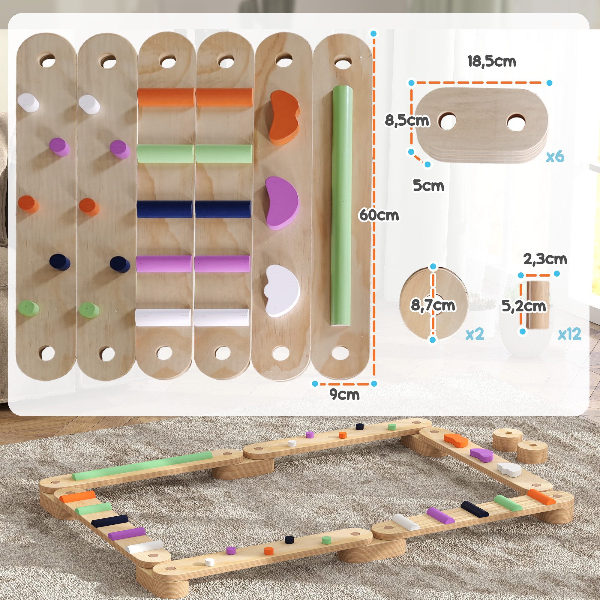 AIYAPLAY Balanceboard Holz Schwebebalken mit Bunte Hindernissteine, für Koordination und Stabilität, für 3-8 Jahre Kinder