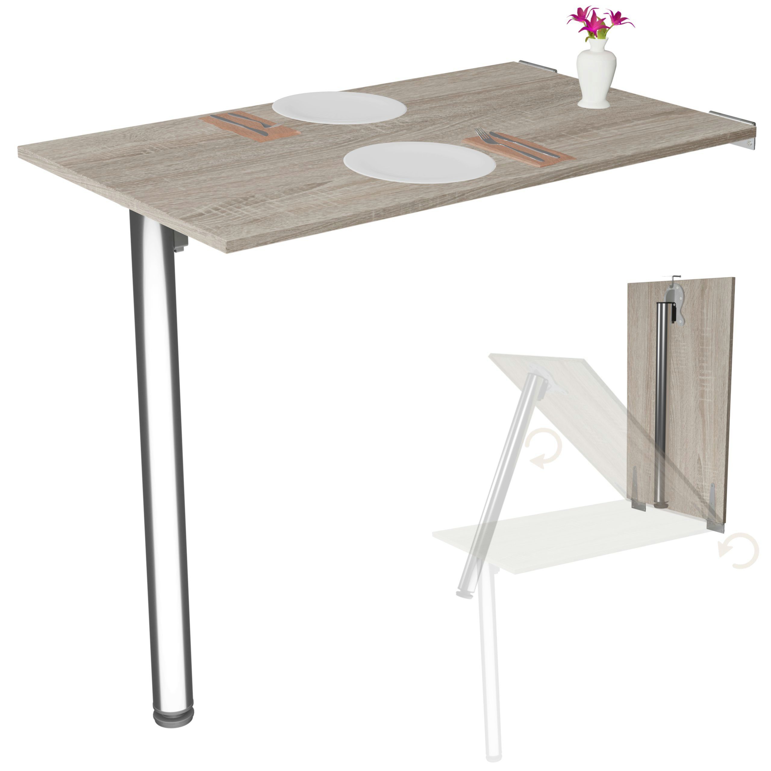 KDR Produktgestaltung Klapptisch 80x50 Wandklapptisch Esstisch Küchentisch Schreibtisch Wand Tisch, Sonoma Eiche