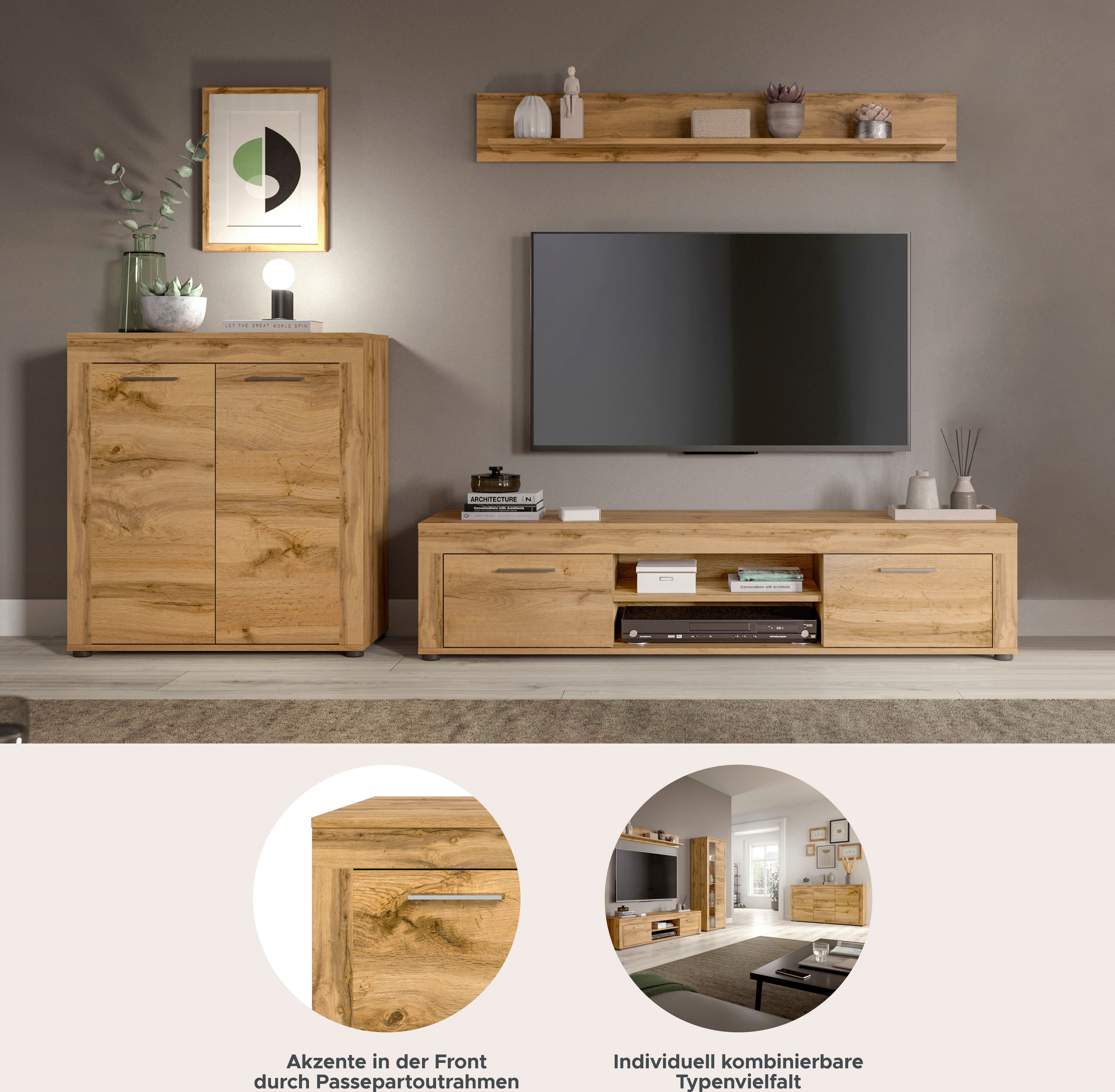 OTTO home Wohnwand AOSTA, Breite 255cm, 3-teilige Wohn-Kombination, (3-St., bestehend aus: Highboard, Lowboard, Wandboard), Wohnwand, Kombination, Anbauwand, Mö – Bild 3 von 5