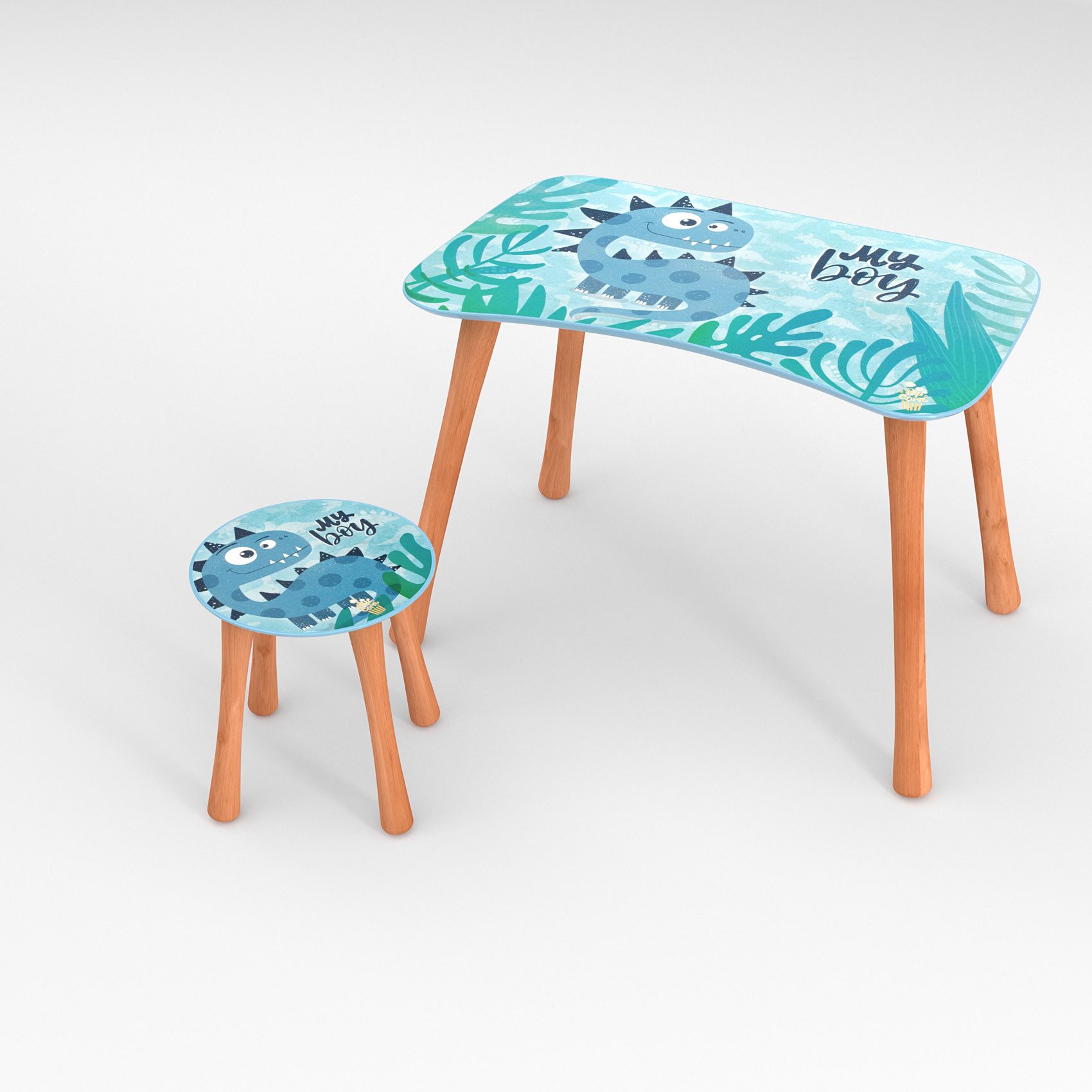 ANRO Kindertisch PopCorn Kinder Hocker und Tisch Set mit Motiv (10-St., Tisch mit Stuhl/ Hocker), Spannendes Kindermotiv Dino Blau