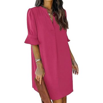 FIDDY Karokleid Solide Farbe V-Ausschnitt Lose lange Hemdärmel Kleider für Frauen