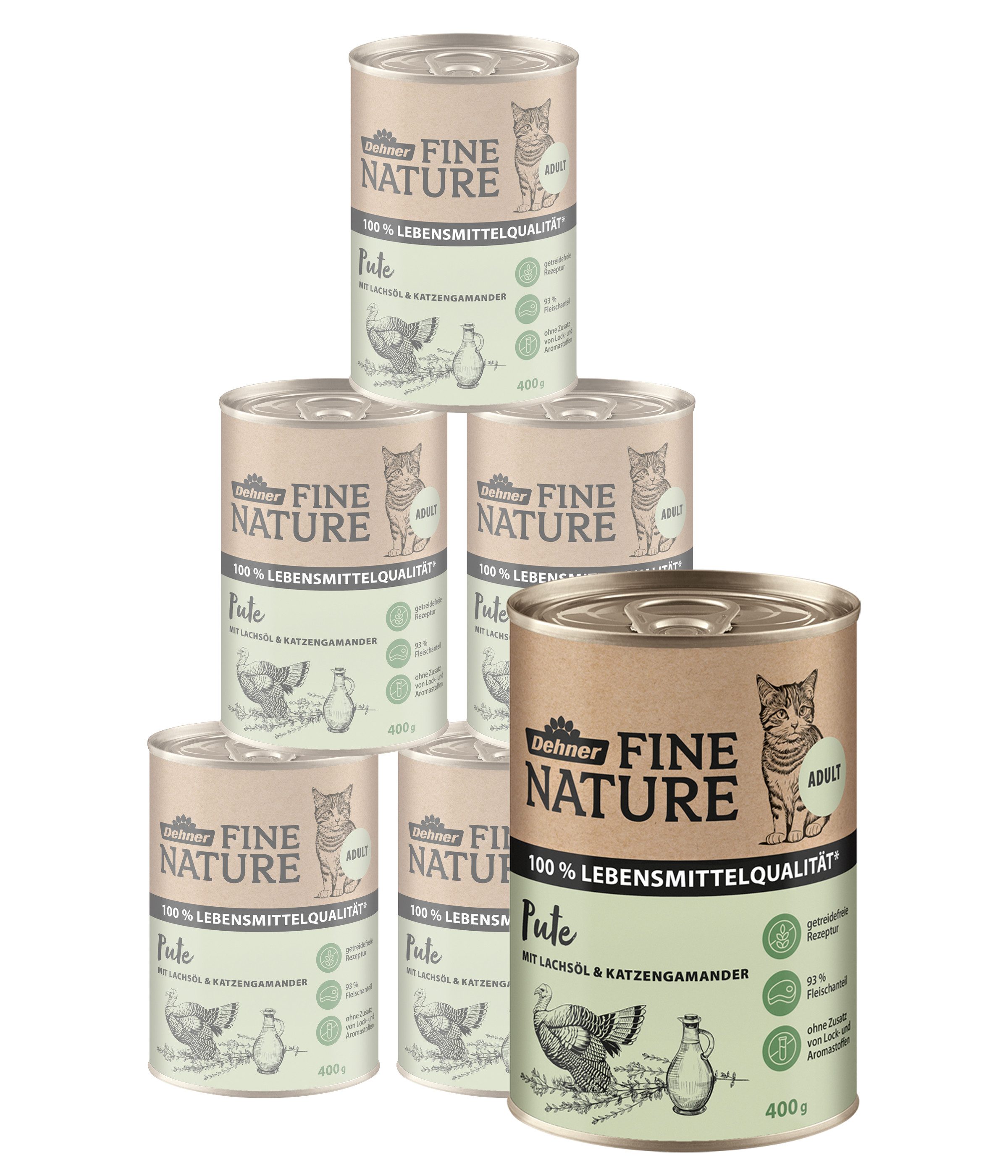 Dehner Fine Nature Adult Pute mit Lachsöl, 6 x 200 g / 400 g Dose Pute, Nassfutter für: Katze, Nassfutter für ausgewachsene Katzen, getreidefrei