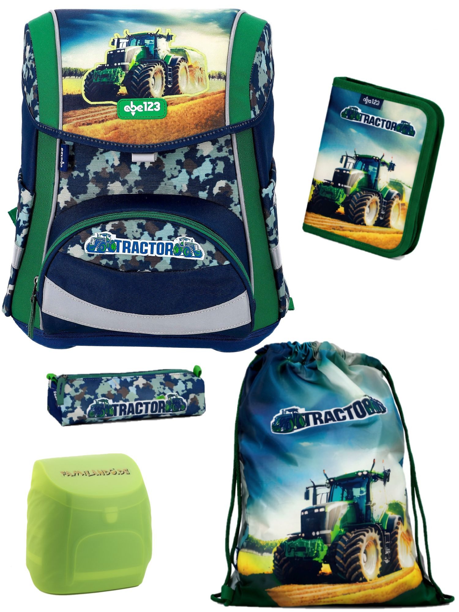 Familando Schulranzen Traktor Schultasche 1. Klasse, leicht, kompakt, ergonomisch (Set, 5-tlg., inkl. Federmäppchen, Schlamper & Turnbeutel), höhenverstellbares Rückenpolster, mit Brust- und Beckengurt