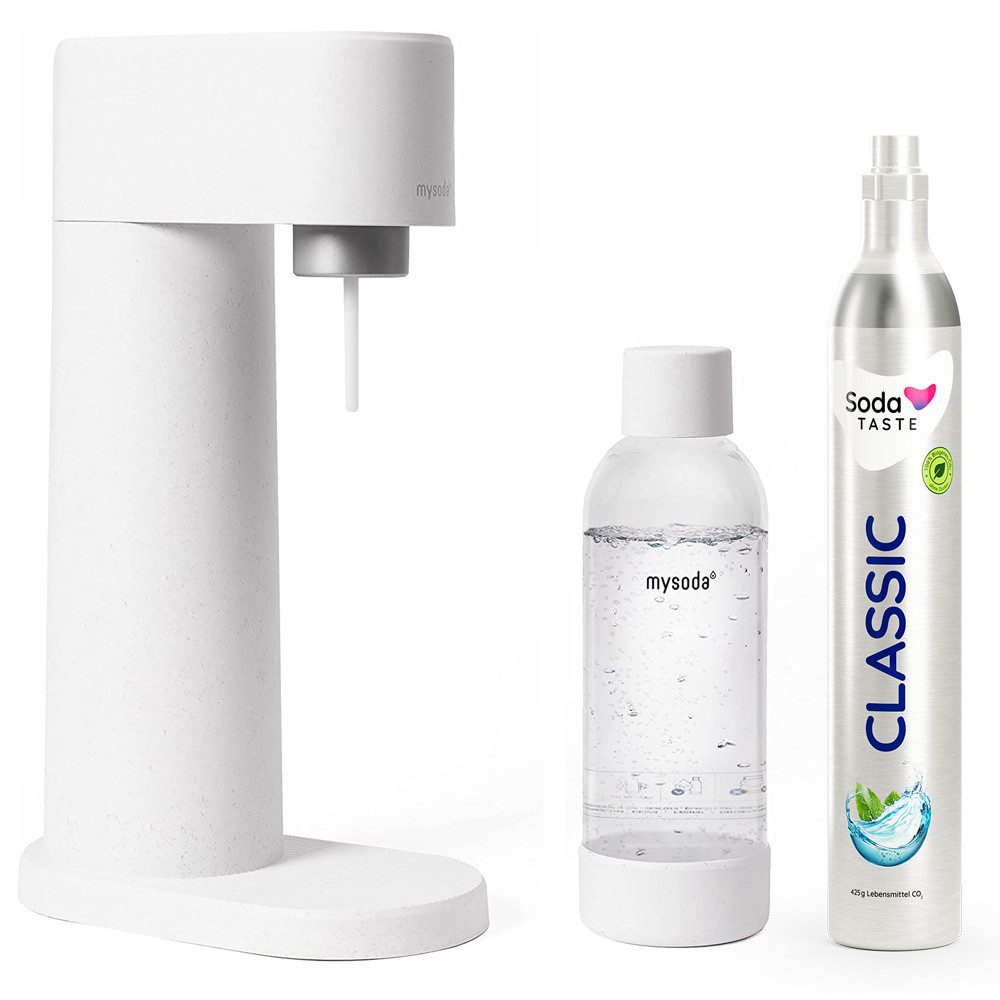 mySoda Wassersprudler Mysoda Woody Wassersprudler Holzkomposit Set + 1L Flasche & CO2 Weiß, Nachhaltiges Holzkomposit, inkl. CO2 & Flasche. Ohne Strom.