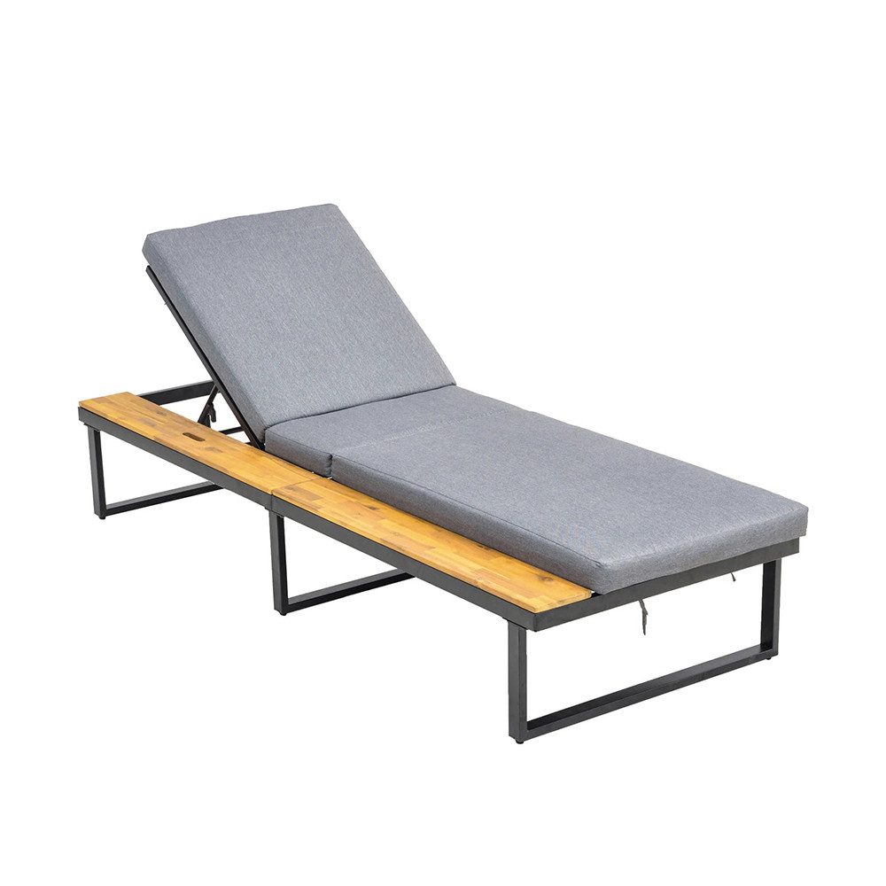 acamp Relaxliege Sonnenliege aus Stahl pulverbeschichtet verstellbar mit Polster, 8 cm Polsterauflage mit Reißverschluss wasserabweisend, Seitenablage aus FSC Akazienholz teakfarben geölt