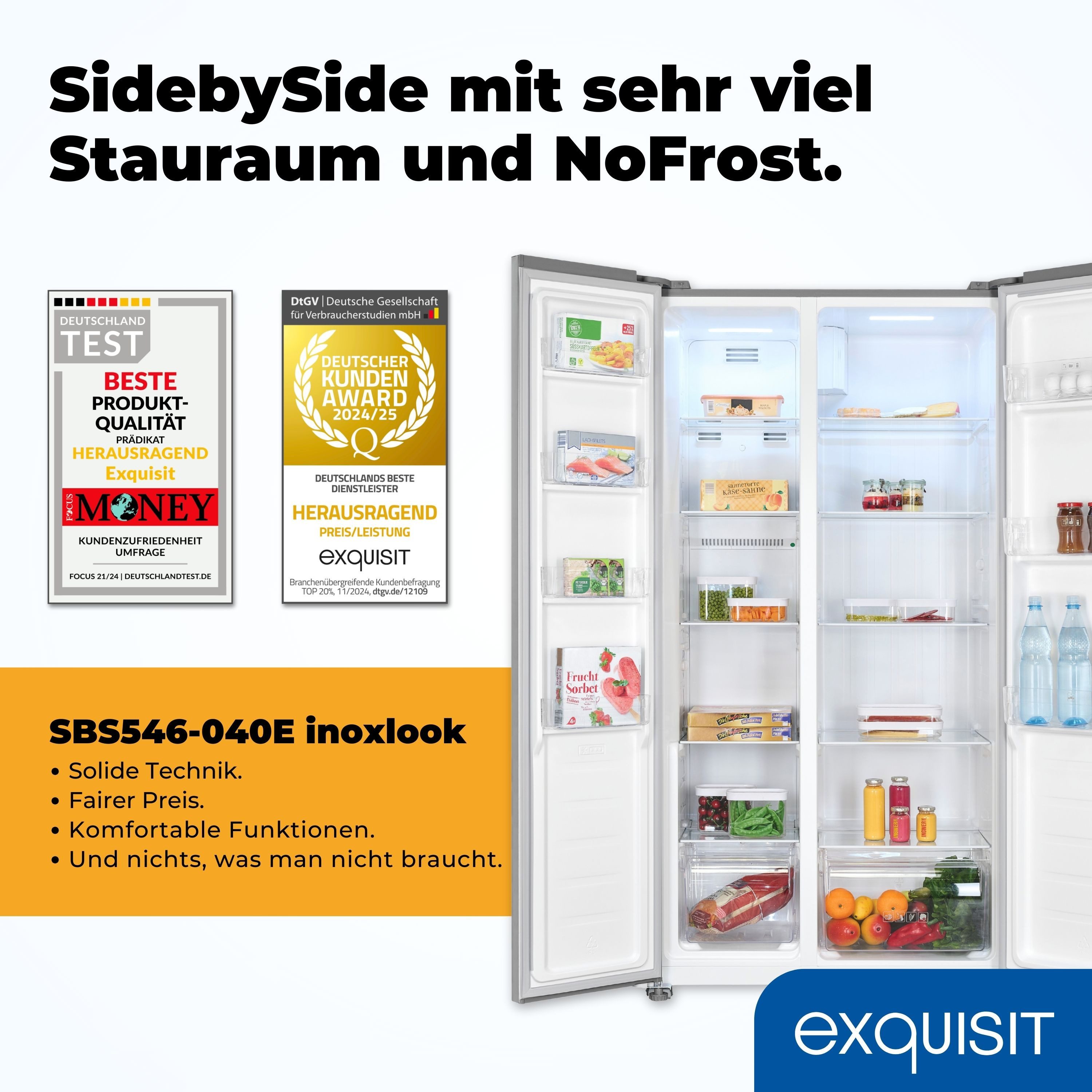 exquisit Side-by-Side SBS546-040E, 177 cm hoch, 90 cm breit, verstellbare Glasablage, No-Frost, elektronische Temperaturregelung