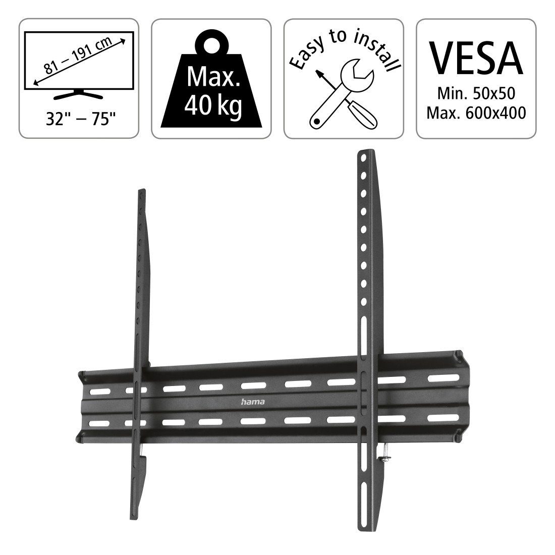Hama TV-Wandhalterung TV-Halterung flach, starr, 81 - 191 cm (32"-75), 43", 50", 55", 65", (bis 75 Zoll)