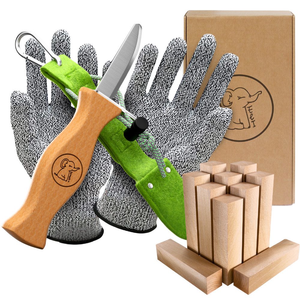 Eli Сумкиmesser Schnitzmesser Kinder - Kindermesser mit Filztasche Kindertaschenmesser, (Schnitzwerkzeug - Outdoor Ножі, 13 St., Kinderschnitzmesser - Griffe aus Buchenholz), inkl. schnittfeste Handschuhe - Beidhändig - rostfreier Stahl