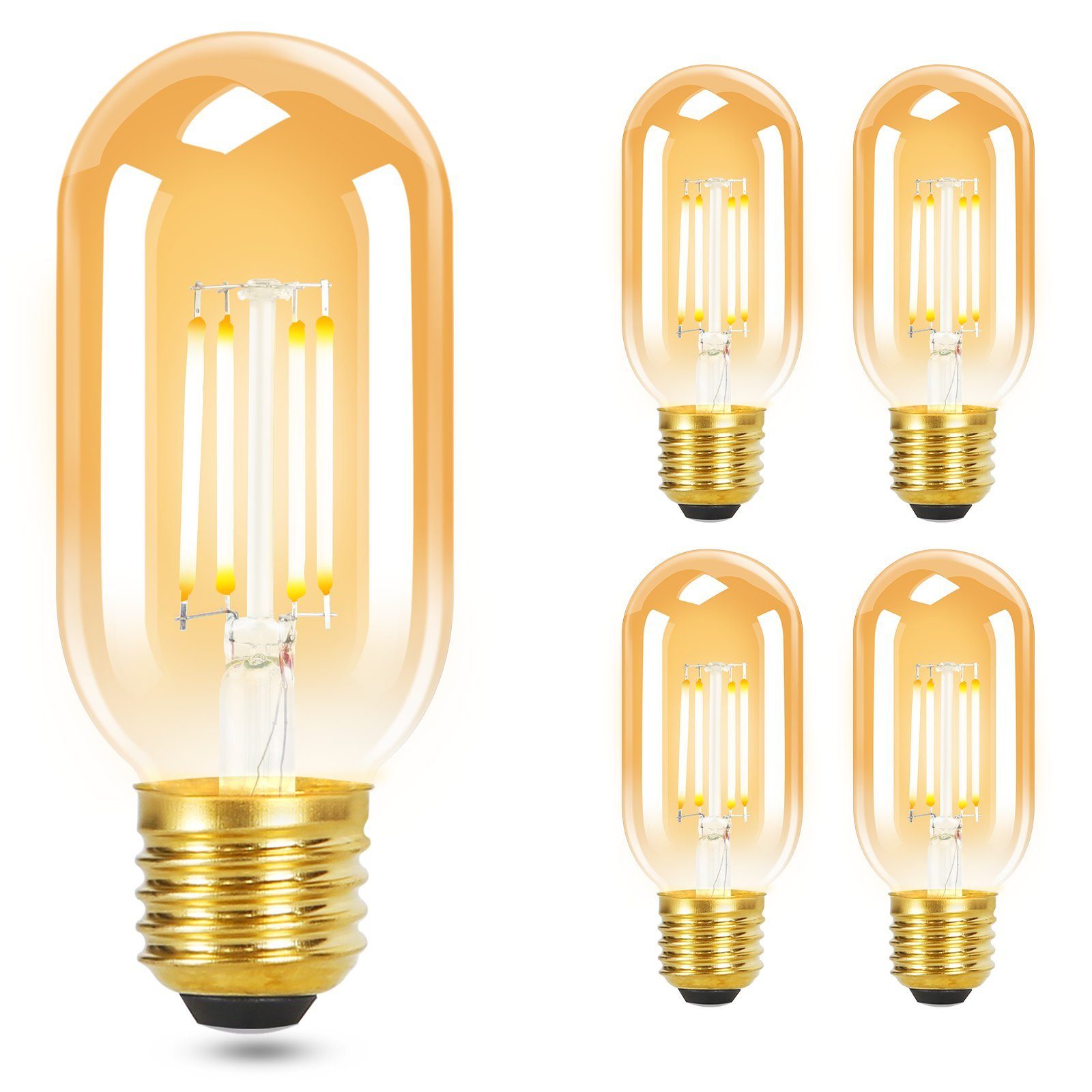 Nettlife LED-Leuchtmittel LED Warmweiss Vintage Glühbirnen T45 Lampe E27 Birnen Edison 4W 2700K, E27, 4 St., Warmweiss Bernsteinfarbene