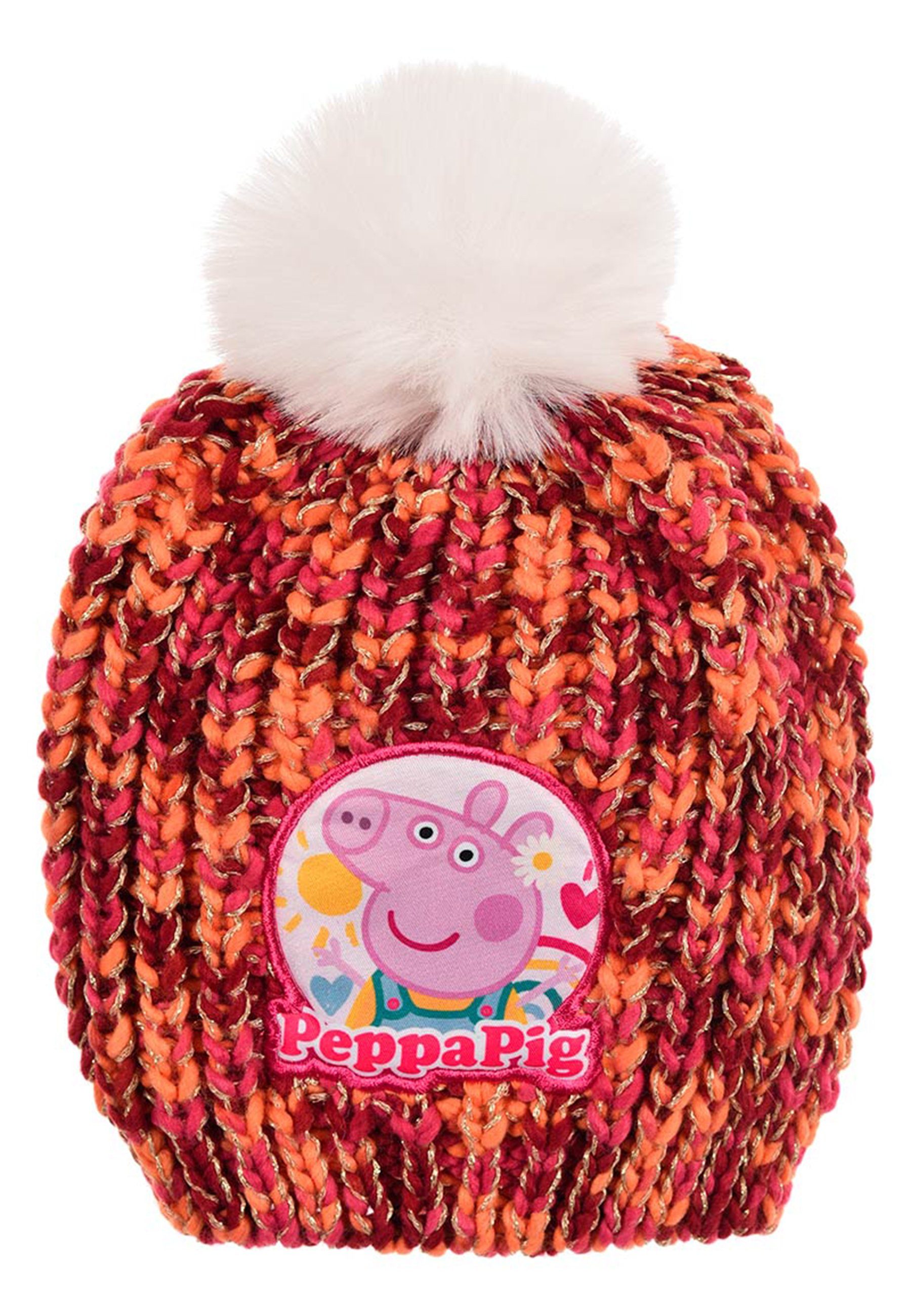 Peppa Pig Bommelmütze Kinder Mädchen Winter-Mütze Strick-Mütze mit Kunstpelz Bommel Rot