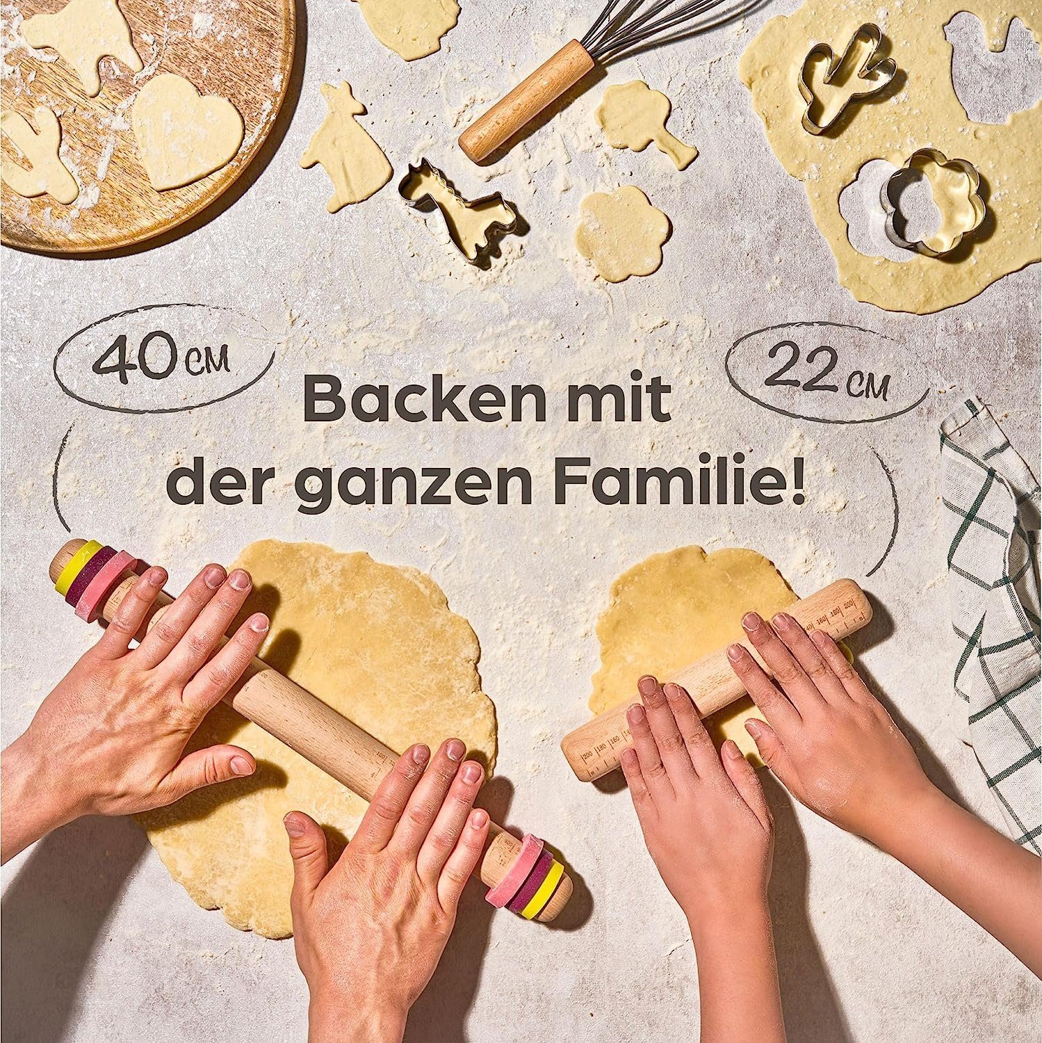 Praknu Nudelholz Nudelholz mit Abstandshalter - 2er Set - Teigroller aus FSC® Holz Buchenholz, (2er Set, 2-tlg), Teigroller aus nachhaltigem FSC Holz, Für gleic – Bild 4 von 5